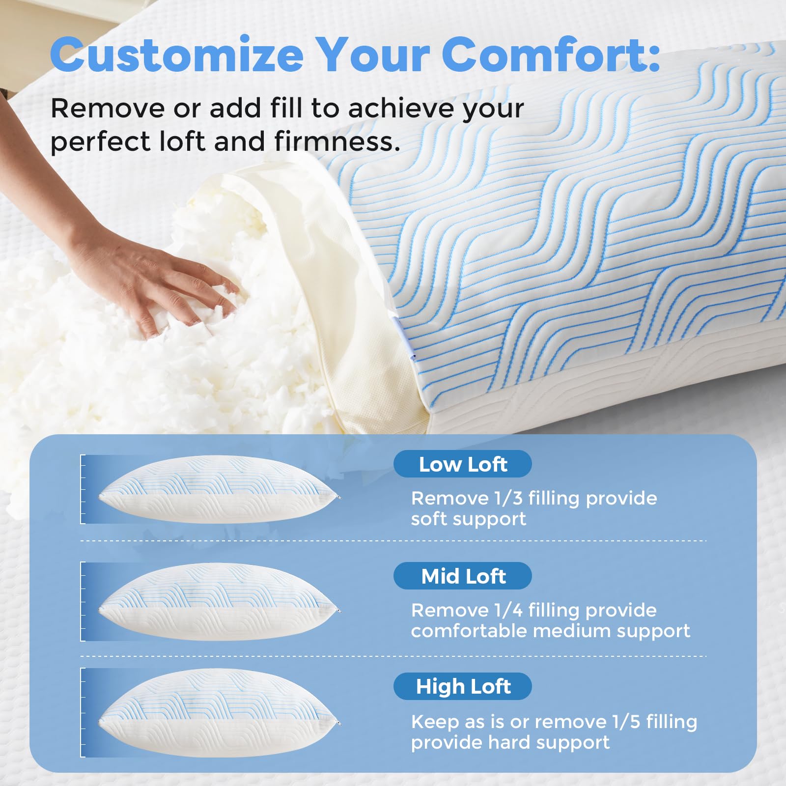 VONPURE Shredded Memory Foam Pillows Queen Size Set of 2, Adjustable Loft Cooling Firm Bed Pillows for Hot Sleepers, Side Back and Stomach Sleepers - Medaid International