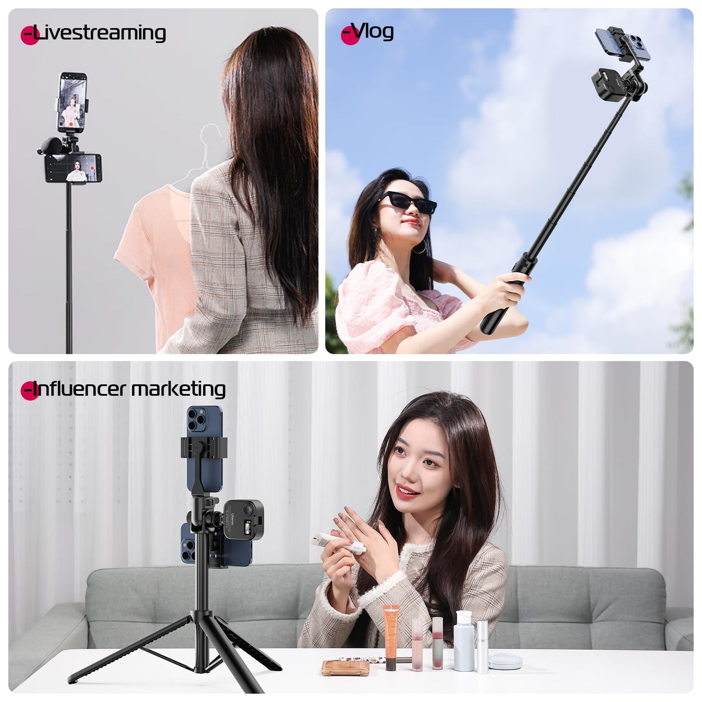 ULANZI MT-70 Extendable Tripod, 63" Selfie Stick Vlog Tripod Stand with 2 Phone Clips as Teleprompter, 360° Rotate Camera Holder for iPhone, Sony, Canon, DJI Osmo Nano, Lightweight for Travel, Black - Medaid International