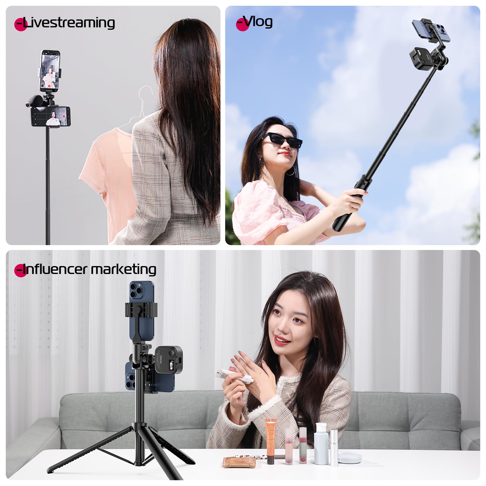 ULANZI MT-70 Extendable Tripod, 63" Selfie Stick Vlog Tripod Stand with 2 Phone Clips as Teleprompter, 360° Rotate Camera Holder for iPhone, Sony, Canon, DJI Osmo Nano, Lightweight for Travel, Black - Medaid International