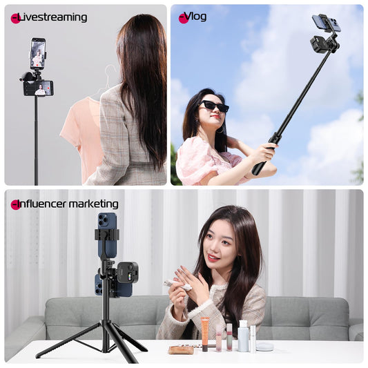 ULANZI MT-70 Extendable Tripod, 63" Selfie Stick Vlog Tripod Stand with 2 Phone Clips as Teleprompter, 360° Rotate Camera Holder for iPhone, Sony, Canon, DJI Osmo Nano, Lightweight for Travel, Black - Medaid International