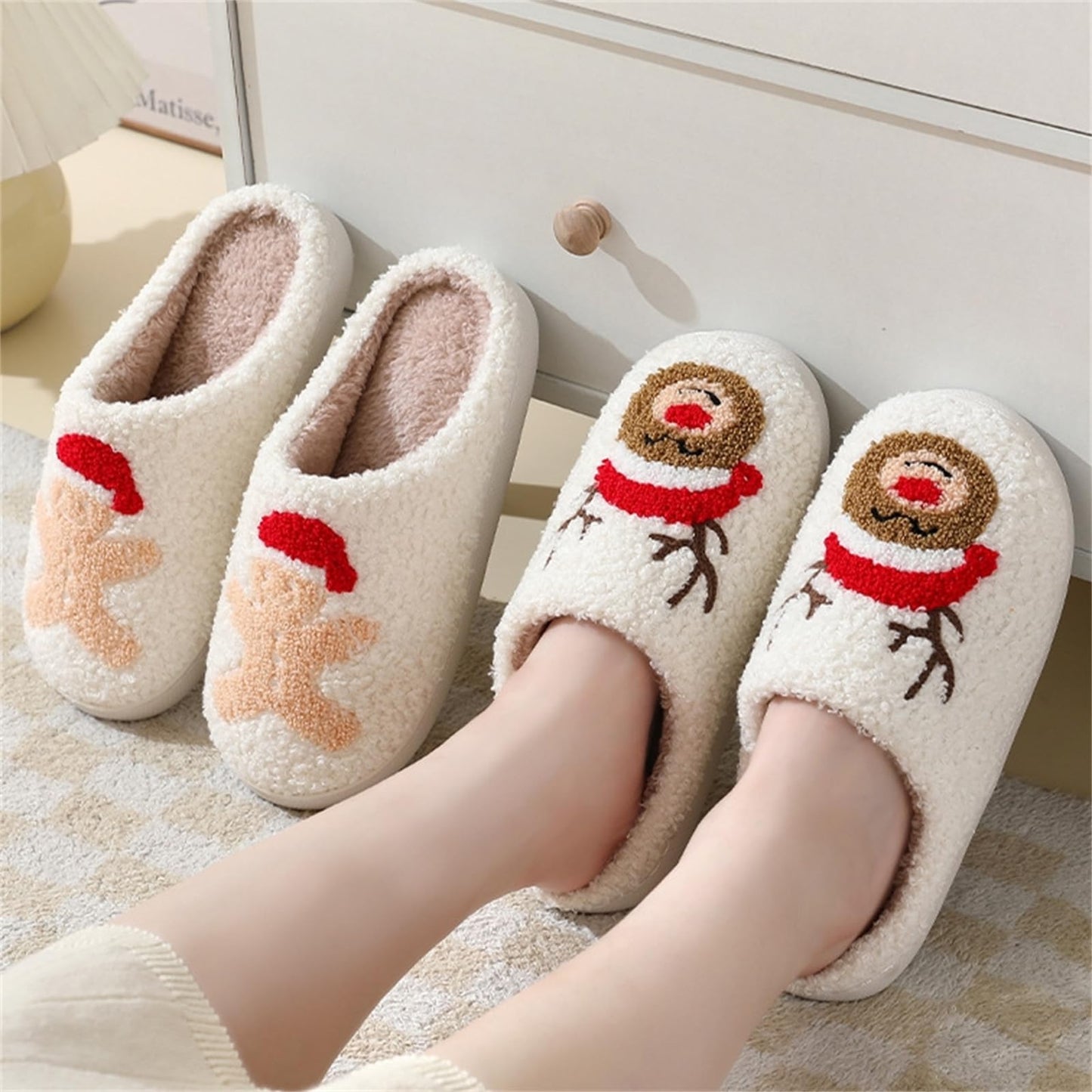 Christmas Slippers Cute Pattern Gingerbread Man Red Santa Hat Warm Soft Bedroom Shoes Fuzzy Closed Toe Sandals Non Slip House Bedroom - Medaid International