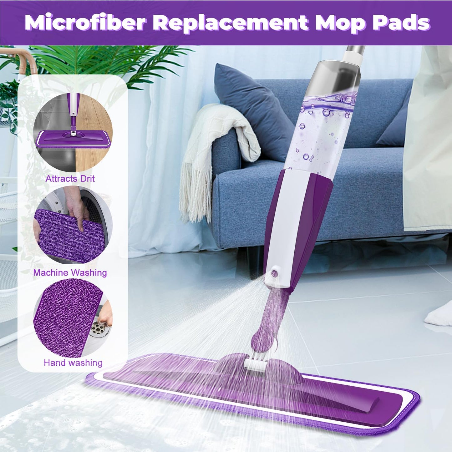 Microfiber Spray Mop for Floor Cleaning - Reusable Floor Mop with 3 Washable Pads, Refillable Bottle Flat Mop with Sprayer for Hardwood Laminate Wood Floor Cleaning - Medaid International