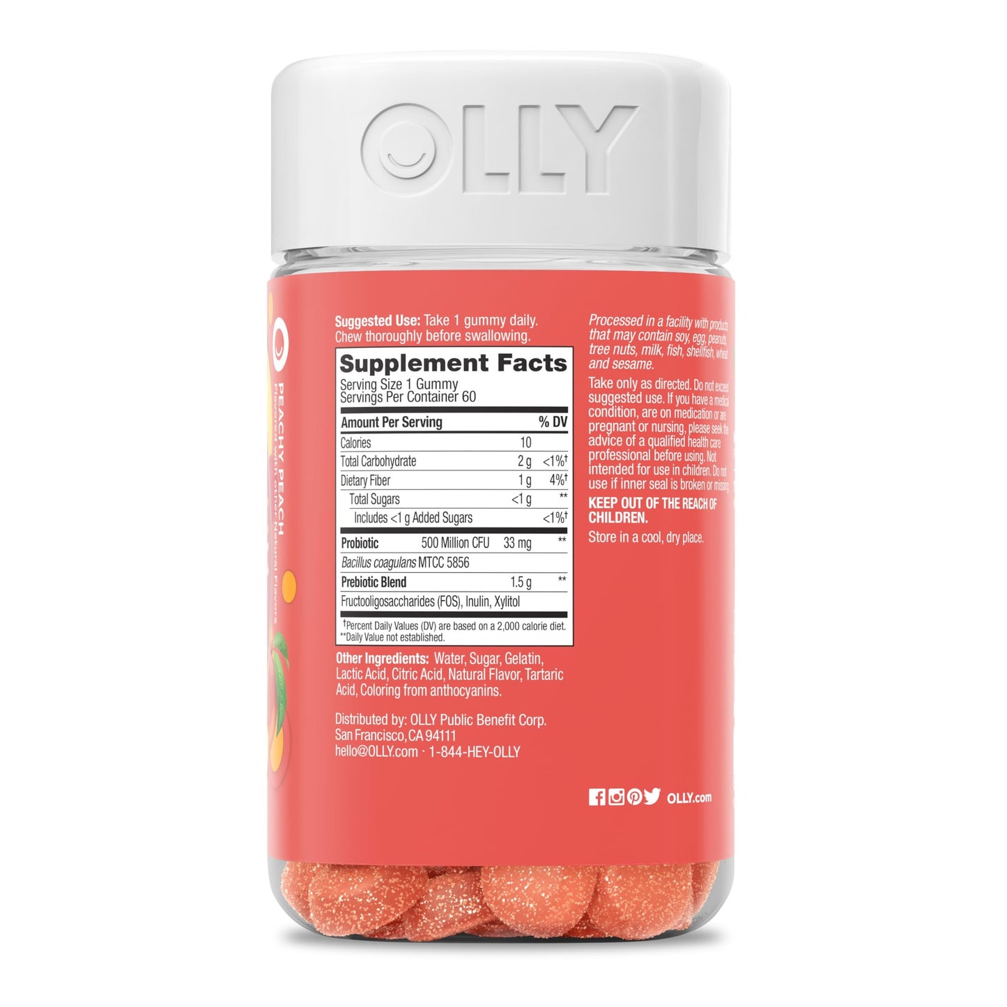 OLLY Probiotic + Prebiotic Gummy, Digestive Support and Gut Health, 500 Million CFUs, Fiber, Adult Chewable Supplement for Men and Women, Peach, 60 Day Supply - 60 Count - Medaid International
