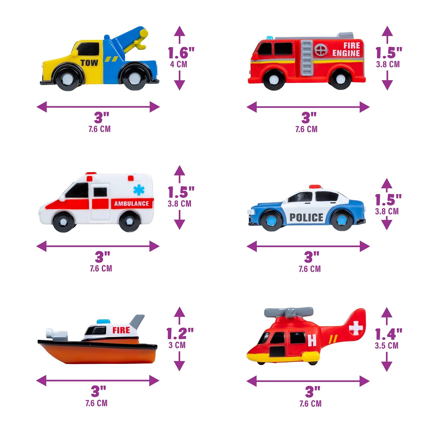 Tub Works® Emergency™ Cars Light Up Bath Toys, 6 Pack | Water-Activated Light Up Toys Flash & Change Color | Soft, Squeezable Baby & Toddler Bath Toys | Sensory Toys with Bath Lights for Kids Bath - Medaid International