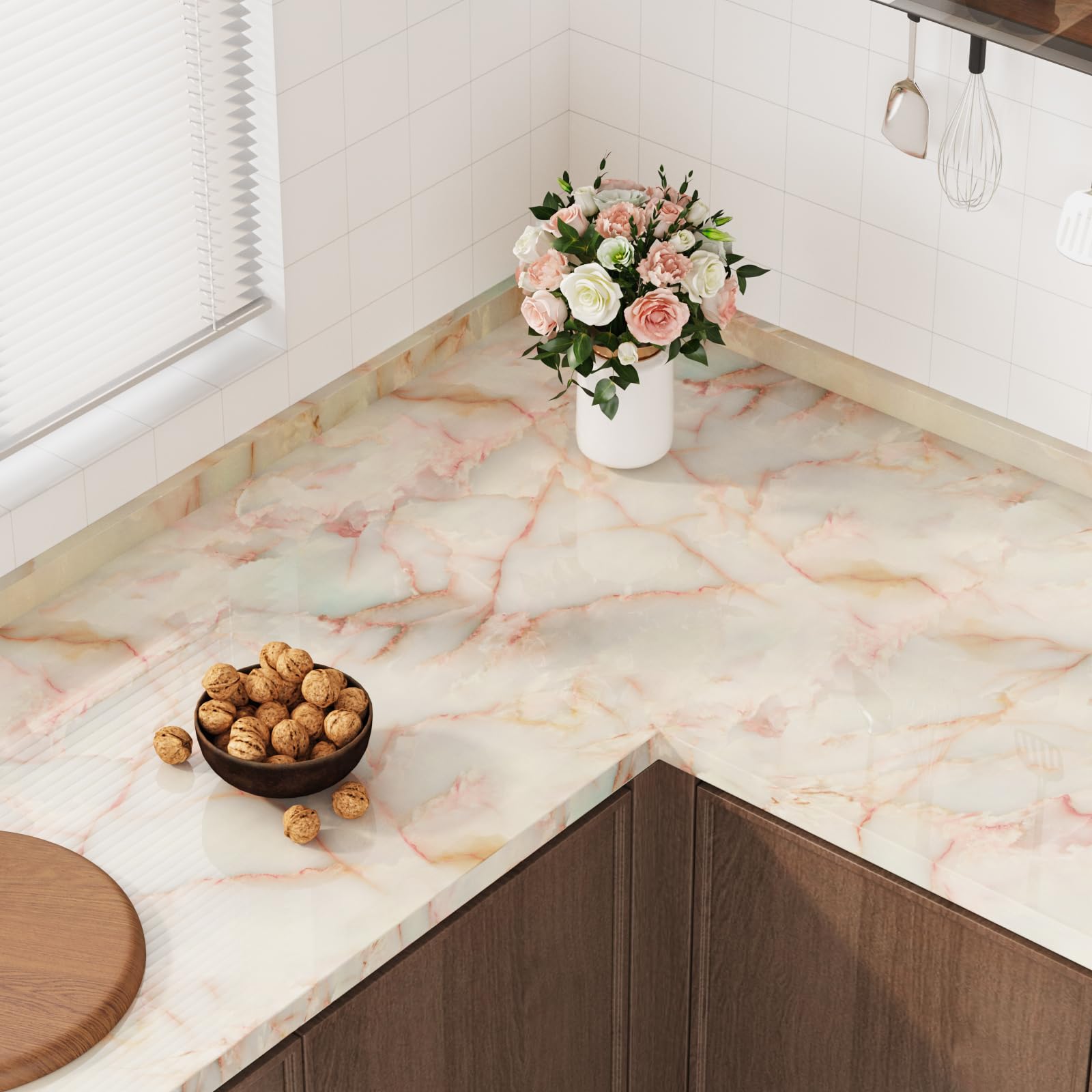 VEELIKE 15.74''x118.11'' Gold Pink Marble Contact Paper Wallpaper Stick and Peel Self Adhesive Removable Waterproof Wall Covering for Table Countertop Cabinet Drawer - Medaid International