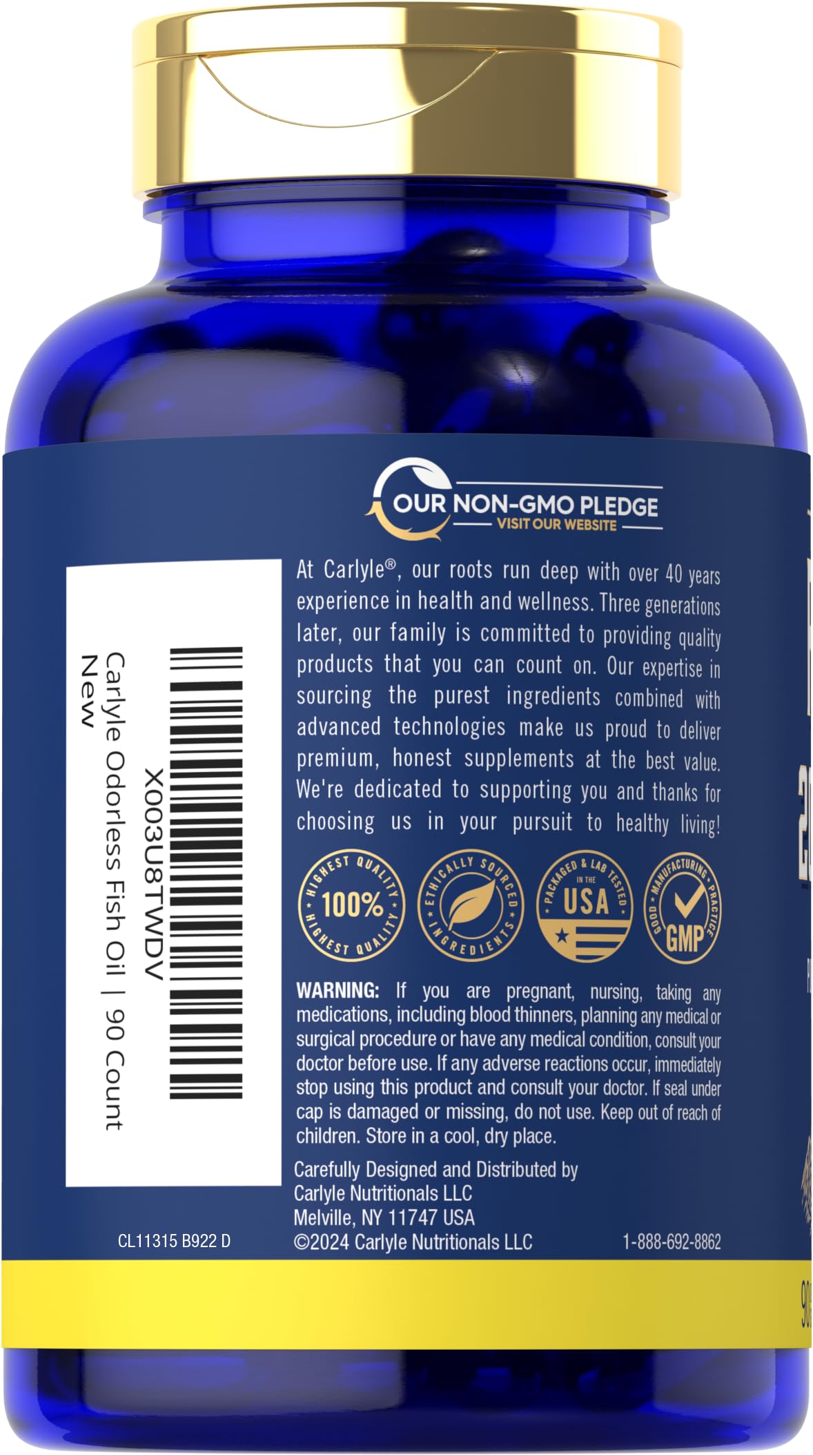Carlyle Fish Oil 2000mg | 600mg Omega 3 Supplement for Men & Women | 90 Odorless Softgels | Lemon Flavored | Non-GMO and Gluten Free - Medaid International