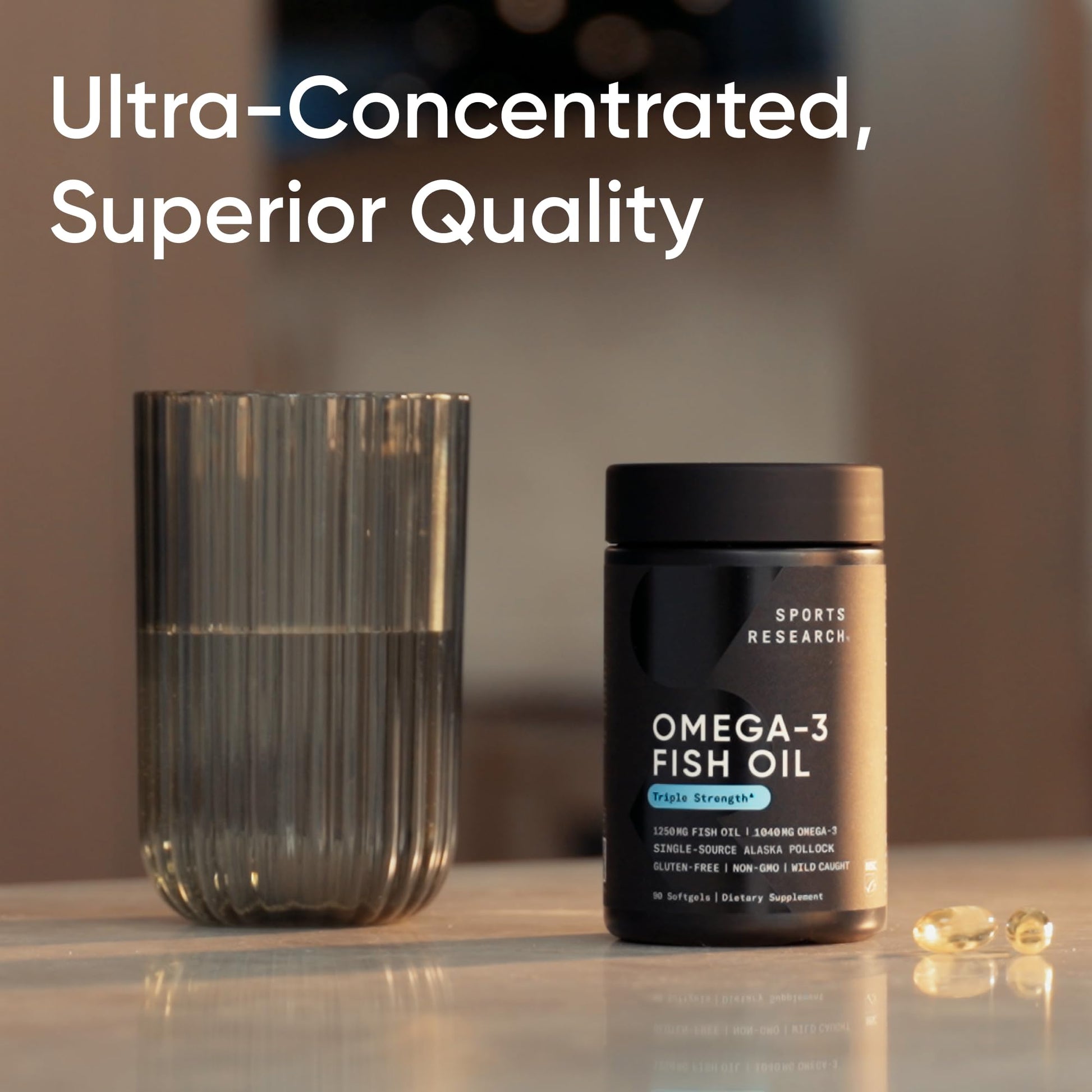 Sports Research Triple Strength Omega 3 Fish Oil - Burpless Fish Oil Supplement w/EPA & DHA Fatty Acids from Single-Source Wild Alaskan Pollock - 1250 mg, 90 ct - Medaid International