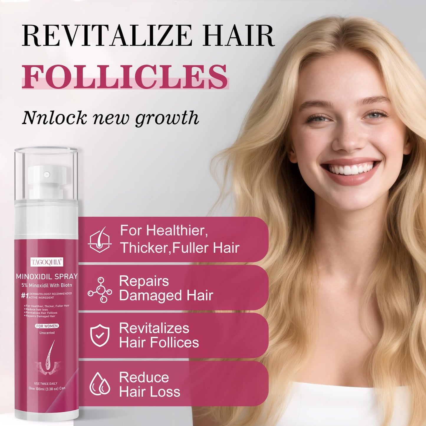 5% Minoxidil for Women Hair Regrowth Spray, hers hair regrowth treatment Infused with Biotin, Extra Strength Treatment to Combat Hair Loss and Thinning, 3 Bottles - Medaid International