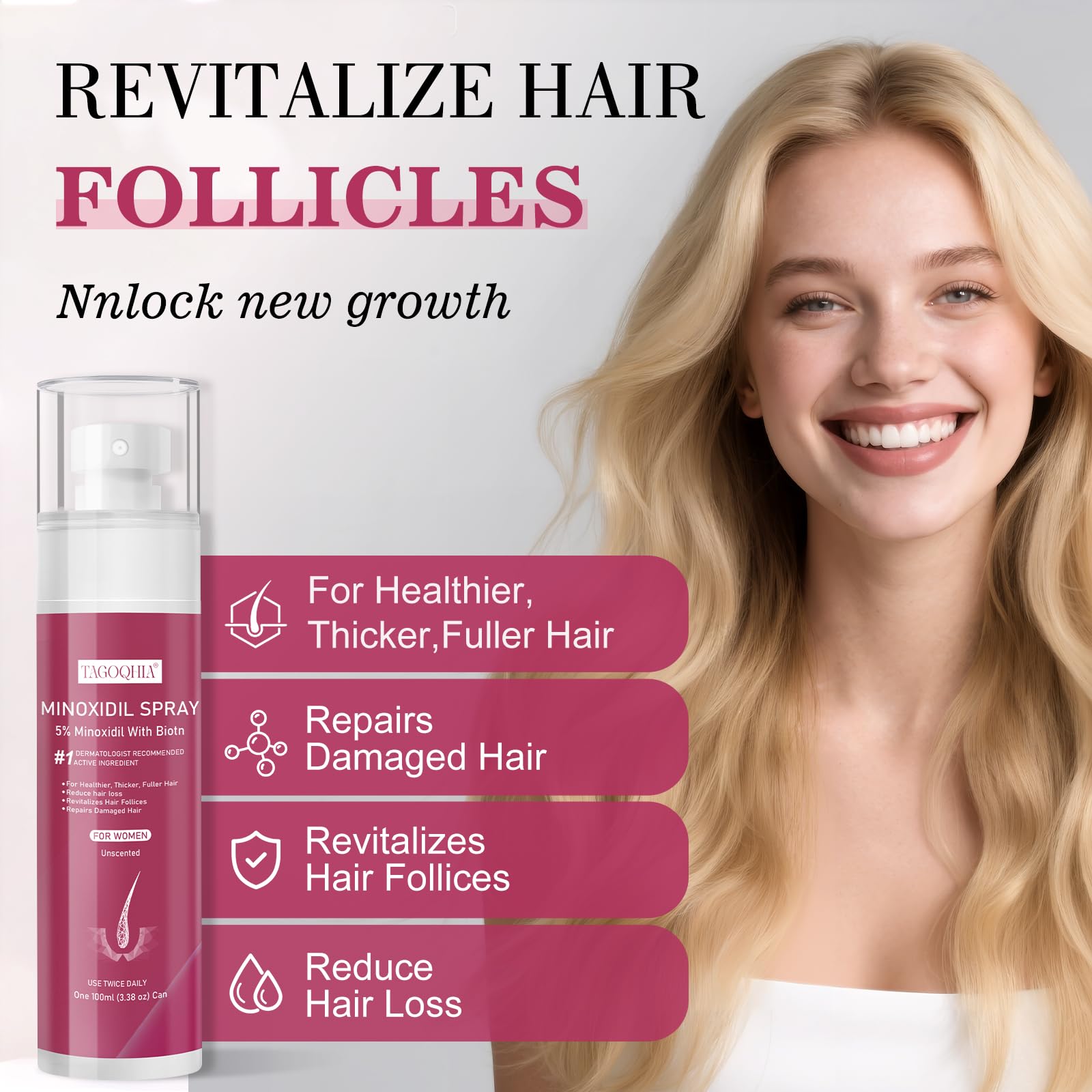 5% Minoxidil for Women Hair Regrowth Spray, hers hair regrowth treatment Infused with Biotin, Extra Strength Treatment to Combat Hair Loss and Thinning, 3 Bottles - Medaid International