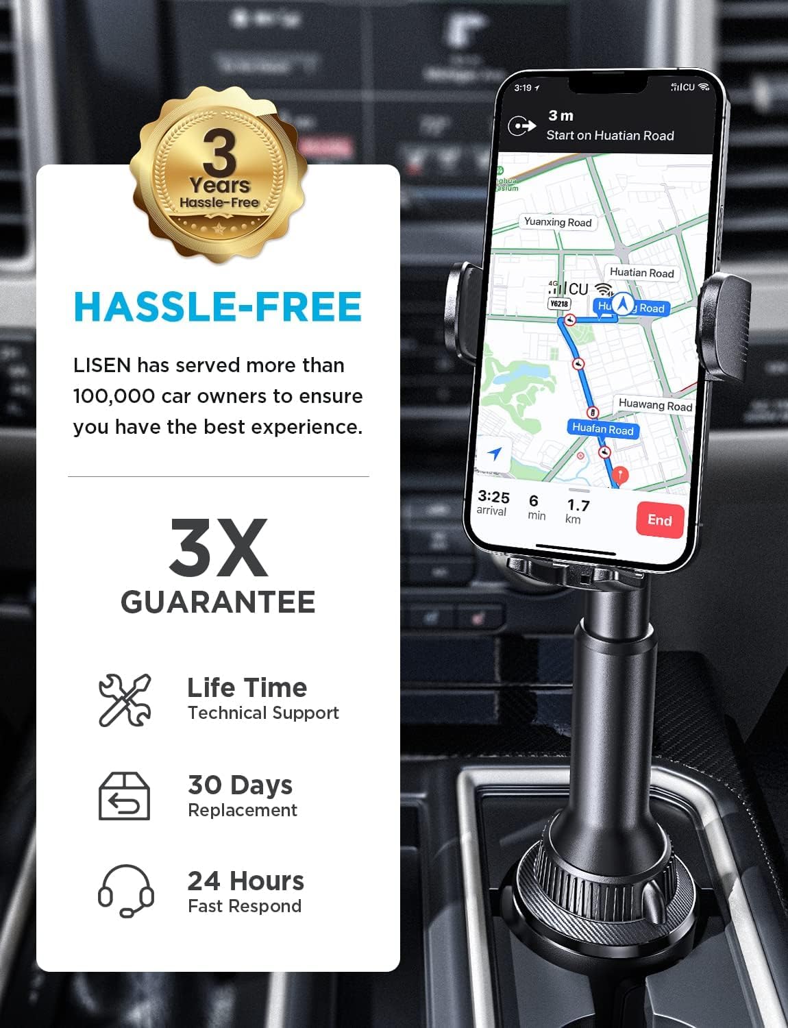 LISEN Cup Phone Holder [No Shaking] Phone Holder for Car, 360 Adjustable iPhone Holder for Car Accessories for Women Truck Jeep Golf for iPhone 17 Pro Max 16 15 14 13 Samsung S25 All 4-7'' Phone - Medaid International