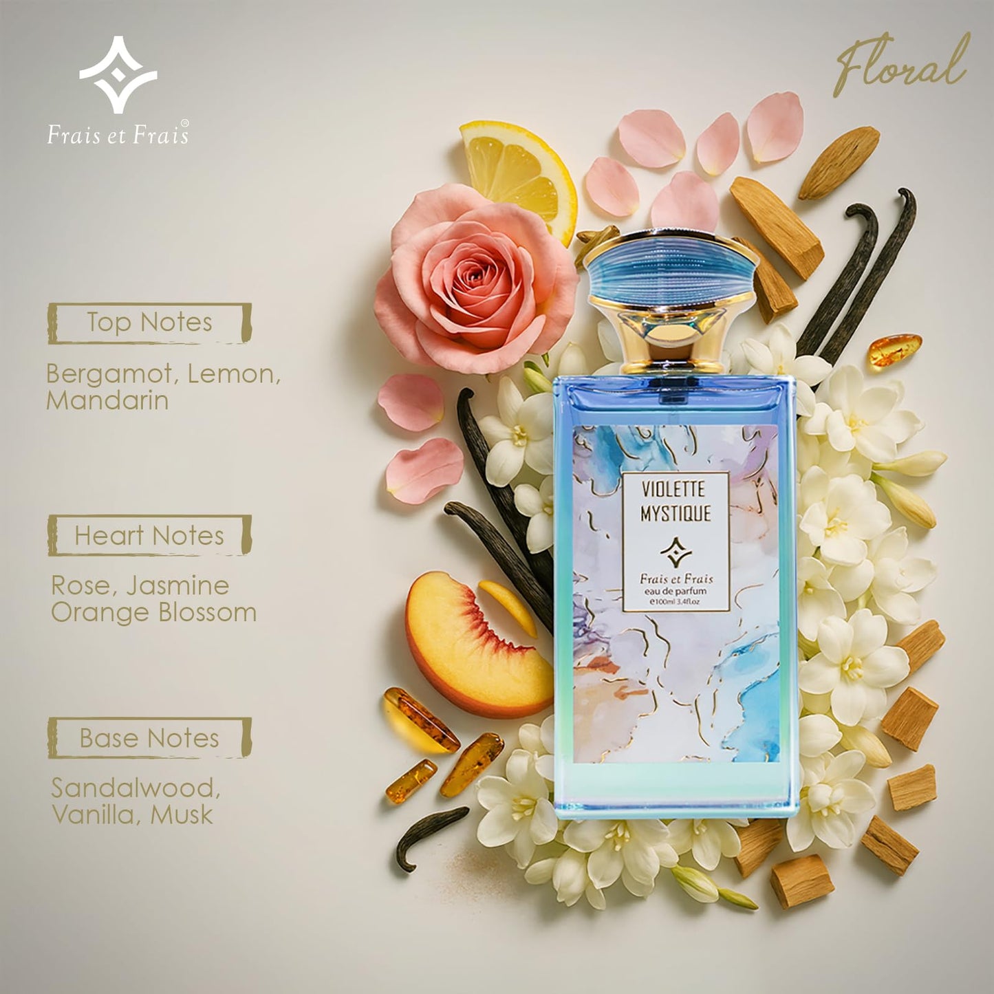 Frais et Frais Violette Mystique Perfume 100ML - Eau de Parfum - Women's Floral Citrus Woody Fragrance with Rose, Orange Blossom & Sandalwood - Medaid International