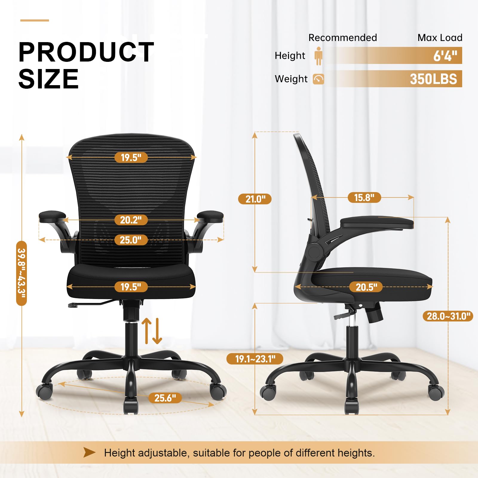 Office Chair, Ergonomic Desk Chairs 330LBS Capacity High Back Mesh Computer Chair with Flip-up Armrests, Comfy Work Chair with Adjustable Lumbar Support, Rolling Chair - Medaid International