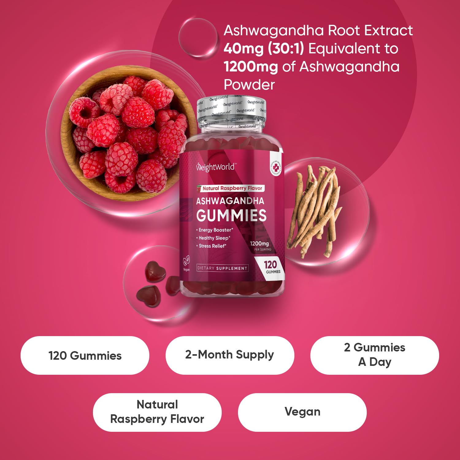 WeightWorld Ashwagandha Gummies for Women and Men 1200mg - 120 Gummies (2-Month Supply) - Ashwagandha Supplement Gummies for Energy Booster, Healthy Sleep & Stress Relief - Vegan & Gluten-Free - Medaid International