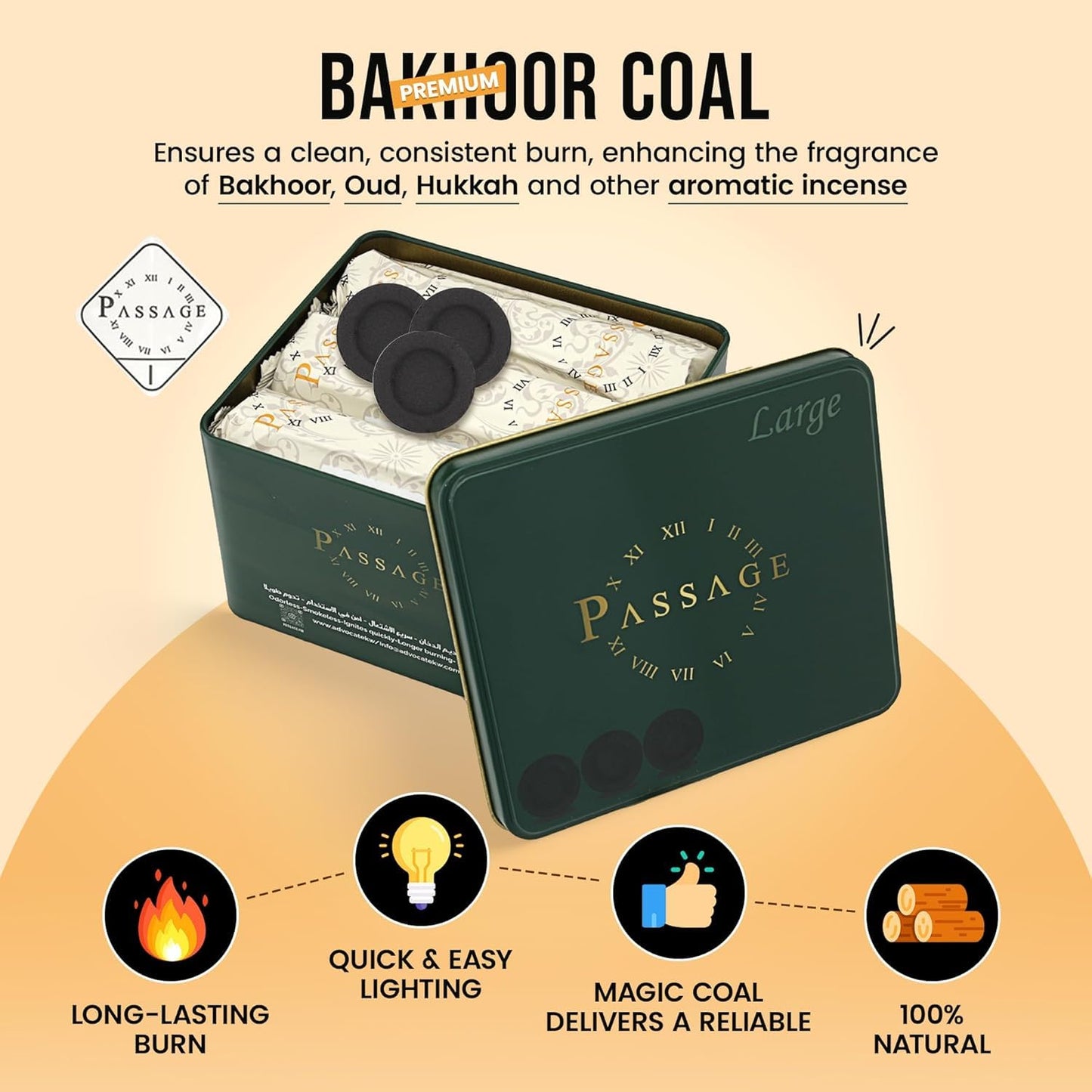 PASSAGE Charcoal Premium Bakhoor/Oud Quick Lighting Large Briquets | Metal Box | 54 Pieces | SIZE 40mm | BURNING TIME 60 MINUTE | Odourless – Smokeless – Longer Burning | Best For-Large Areas- Majlis - Medaid International