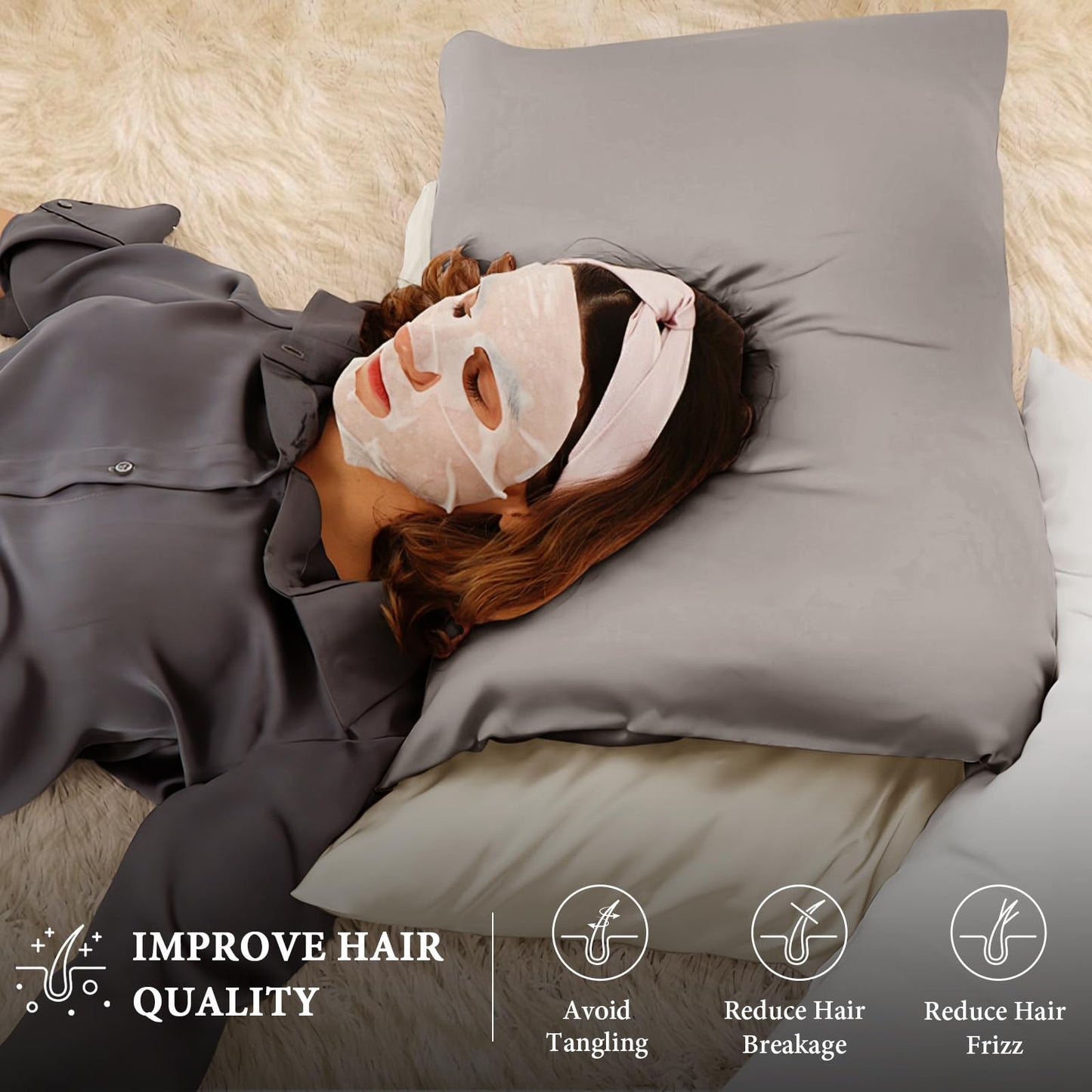 BHZ Satin Goose Down Feather Pillows King Size with Satin Pillowcase for Hair and Skin, Cooling Pillow Cases Similar to Silk Pillow Cases, Christmas Decorative Gifts for Women, Mom Men, Grey - Medaid International