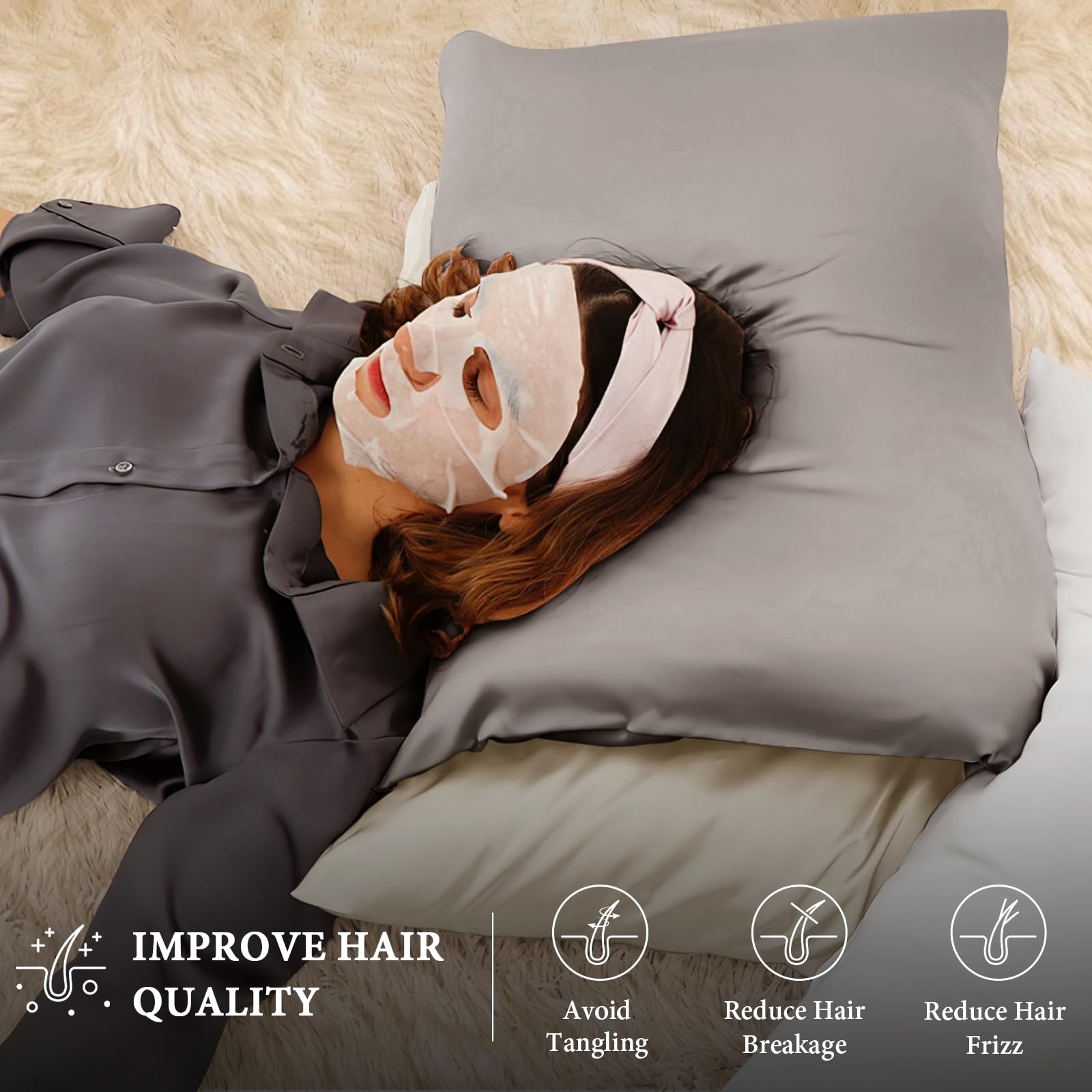 BHZ Satin Goose Down Feather Pillows King Size with Satin Pillowcase for Hair and Skin, Cooling Pillow Cases Similar to Silk Pillow Cases, Christmas Decorative Gifts for Women, Mom Men, Grey - Medaid International