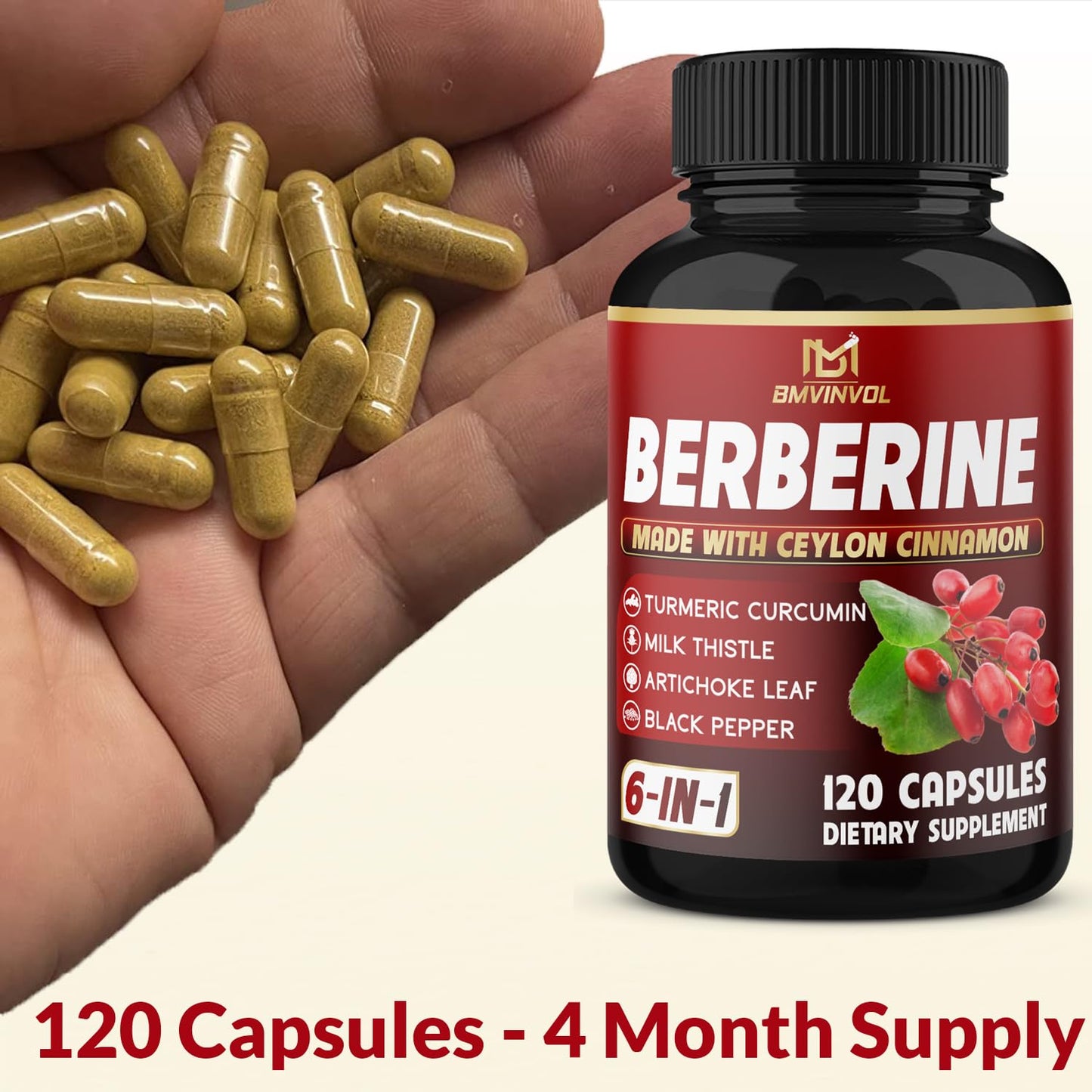 Berberine, Ceylon Cinnamon, Turmeric, Milk Thistle, Artichoke, Black Pepper - 120 Capsules for Digestion, Immunity [4-Month Supply] - Medaid International