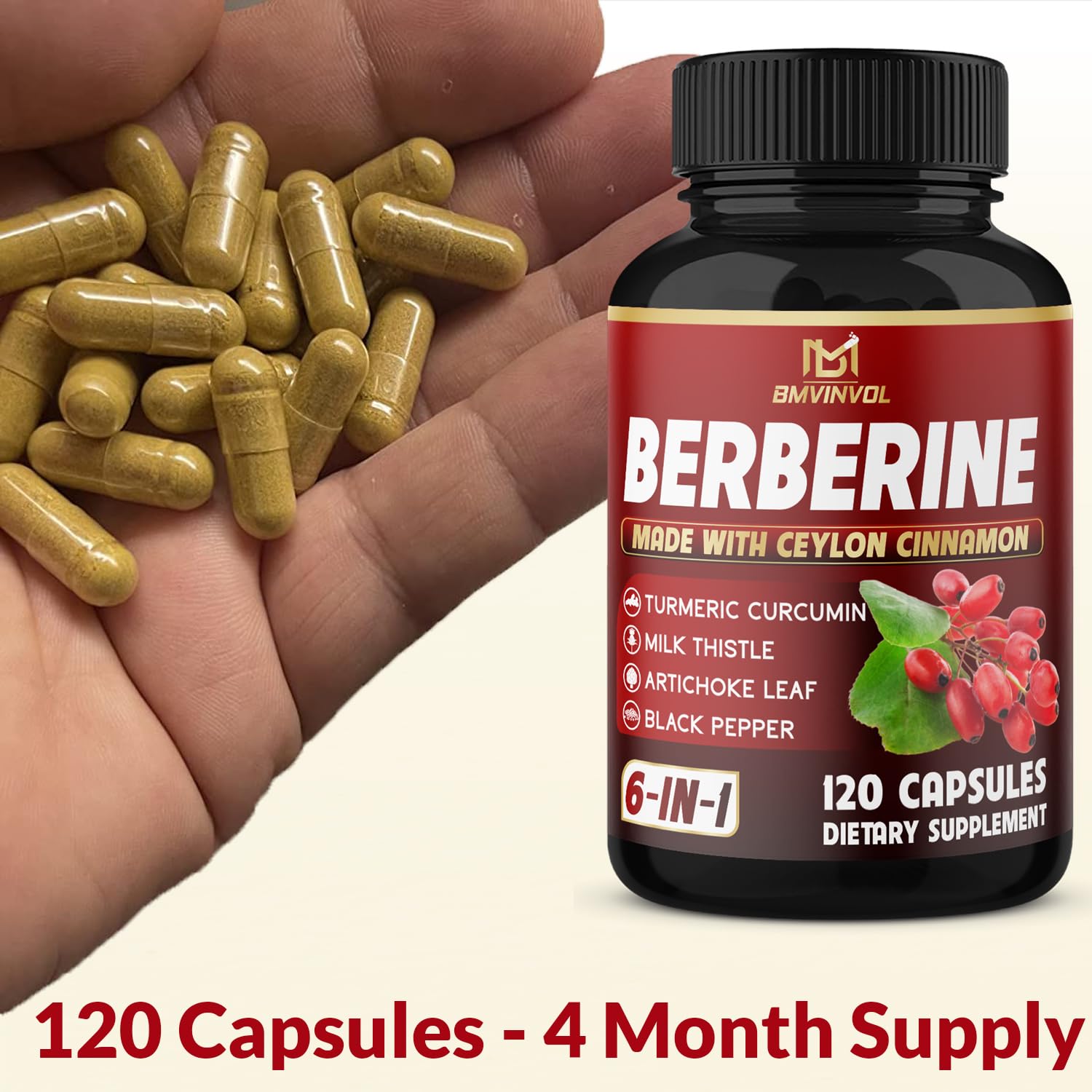 Berberine, Ceylon Cinnamon, Turmeric, Milk Thistle, Artichoke, Black Pepper - 120 Capsules for Digestion, Immunity [4-Month Supply] - Medaid International