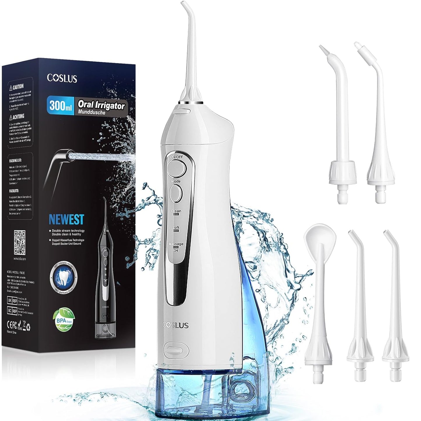 COSLUS Water Dental Flosser Teeth Pick: Portable Cordless Oral Irrigator 300ML Rechargeable Travel Irrigation Cleaner IPX7 Waterproof Electric Waterflosser Flossing Machine for Teeth Cleaning F5020E - Medaid