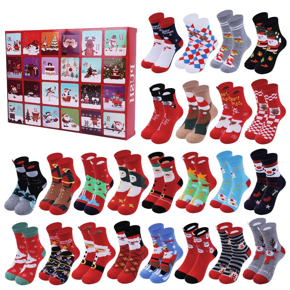 Christmas Advent Calendar 2025, 24 Days Christmas Countdown Calendar with 24Pcs Fun Holiday Socks Bulk for Xmas Party Favor Gifts for Women Adult Teens Countdown Gifts Socks - Medaid International