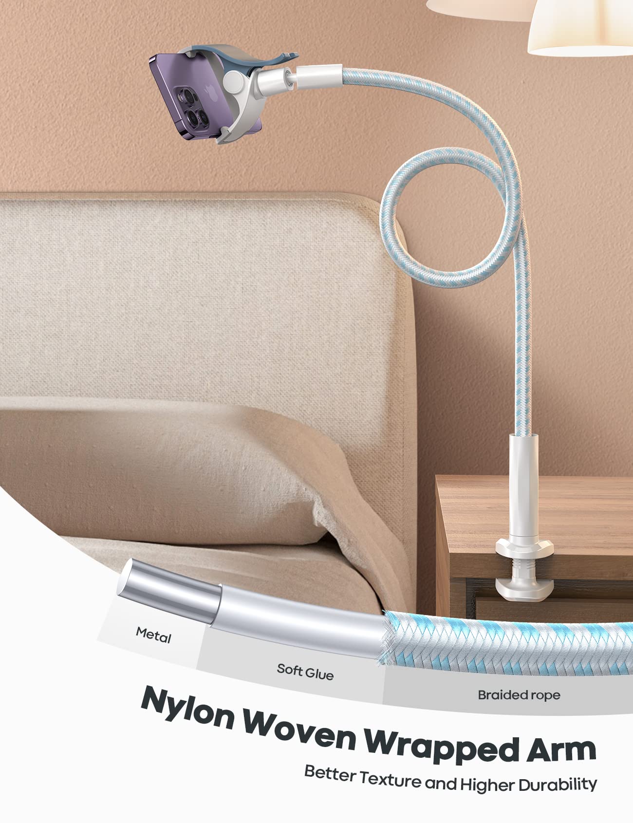 Lamicall Gooseneck Phone Holder Bed - [Nylon Braided] Flexible Arm, Overall Length 38inch, 360 Adjustable Clamp Clip, Overhead Cell Phone Mount Stand for Bed, Blue White - Medaid International