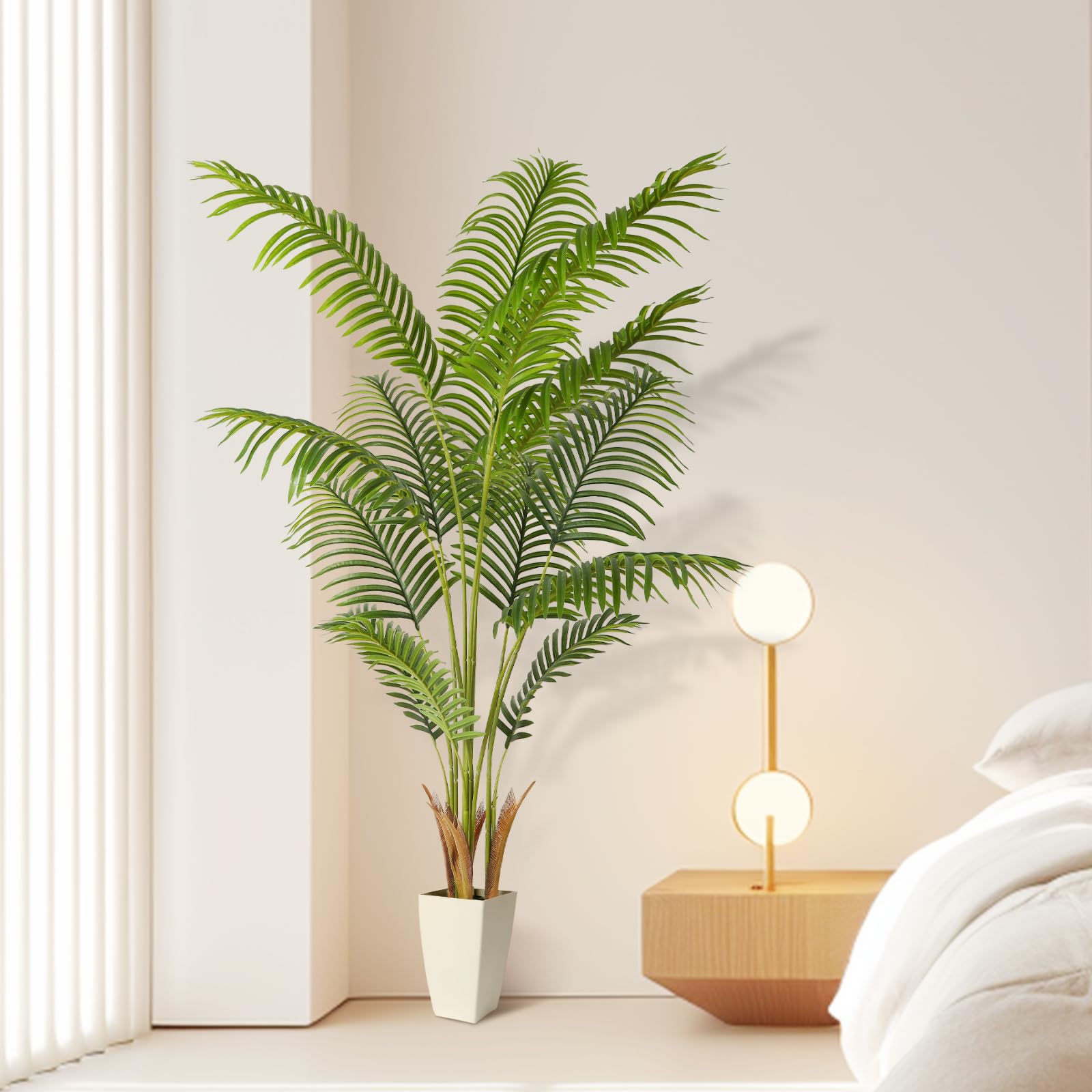 Alupssuc 5ft Artificial Palm Tree with White Planter, Tall Fake Palm Tree with Natural Trunk and Lifelike Leaves for Home Office Housewarming Gift, Artificial Silk Plant for Living Room Decor Indoor - Medaid International