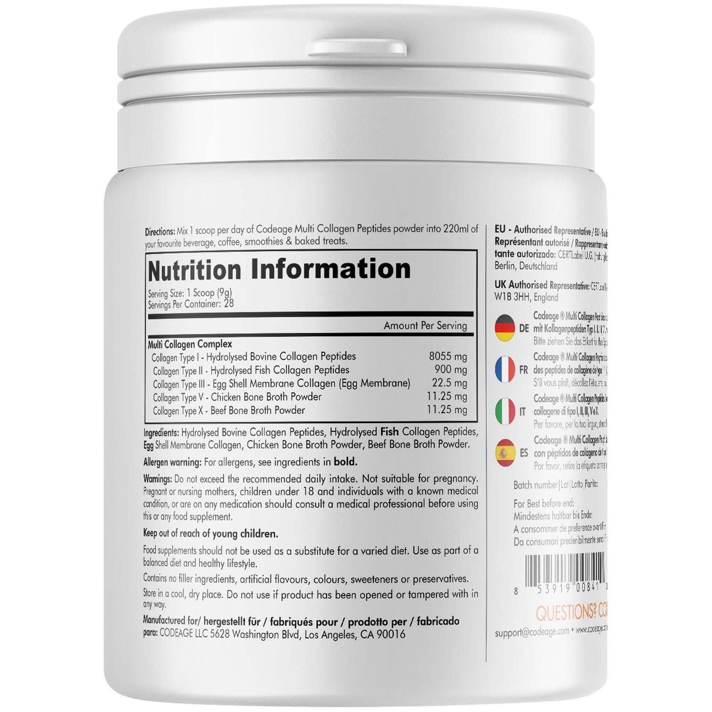 Codeage Multi Collagen Protein Powder Peptides, 1-Month Supply, Hydrolyzed, Type I, II, III, V, X Grass Fed All in One Super Bone Broth Collagen Supplement, Non-GMO, 252 Grams - Medaid International