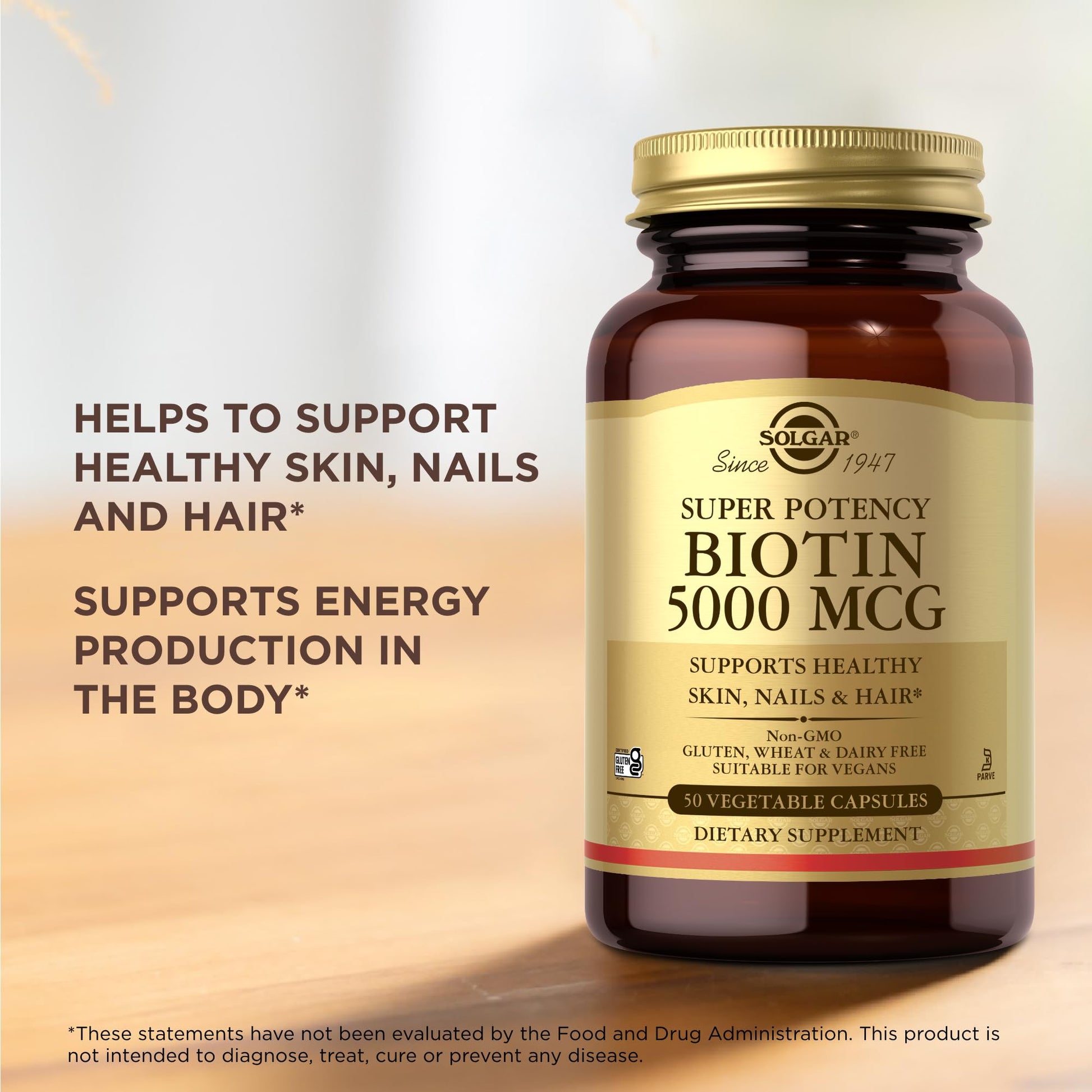 Solgar Biotin 5000 mcg - 50 Vegetable Capsules - Supports Healthy Skin, Nails & Hair - Non-GMO, Vegan, Gluten Free, Dairy Free, Kosher - 50 Servings - Medaid International