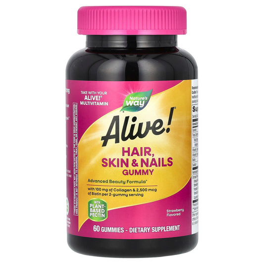 Nature's Way, Alive! Hair, Skin & Nails Gummies, Strawberry, 60 Gummies - Medaid International