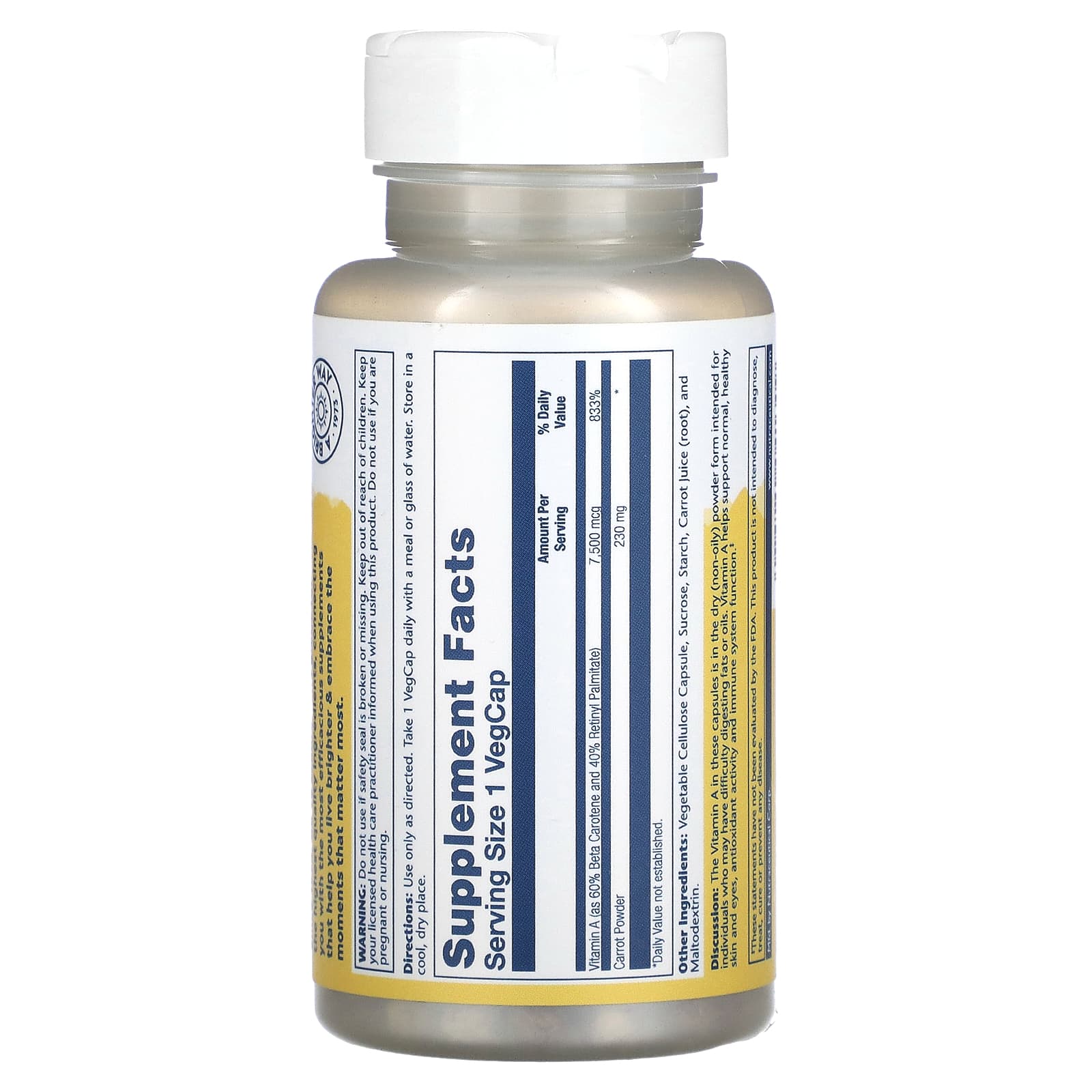 Solaray, Dry Form Vitamin A, 7,500 mcg, 60 VegCaps - Medaid International