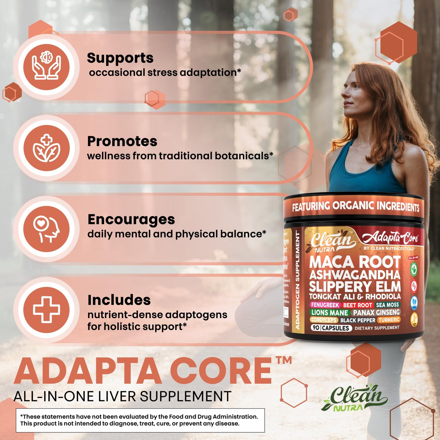 Adapta Core Adaptogens Supplements | Maca Root Ashwagandha Slippery Elm Tongkat Ali Rhodiola Rosea Fenugreek Beetroot Sea Moss Ginseng Pepper Mushrooms Horny Goat Weed 90 Capsules by Clean Nutra - Medaid International