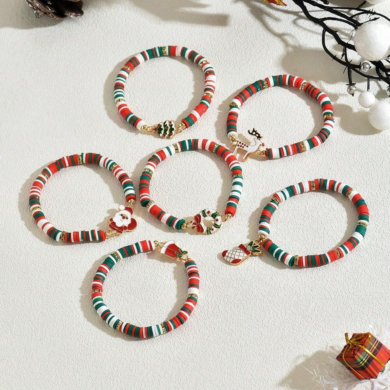 Christmas Santa & Snowman Soft Clay Bracelet, Red Green White Festive Beaded Jewelry for Holiday - Medaid International