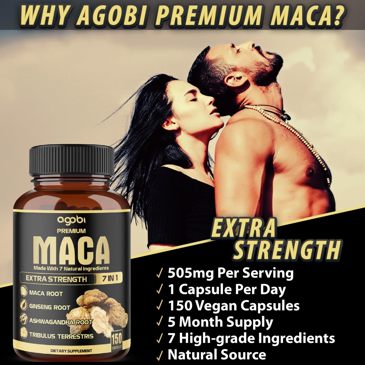 7in1 Premium Maca Root Capsules - with Ashwagandha, Ginseng, Tribulus, Shilajit, Shatavari & Black Pepper - Natural Energy, Performance & Mood Support - 150 Counts for 5 Months - Medaid International
