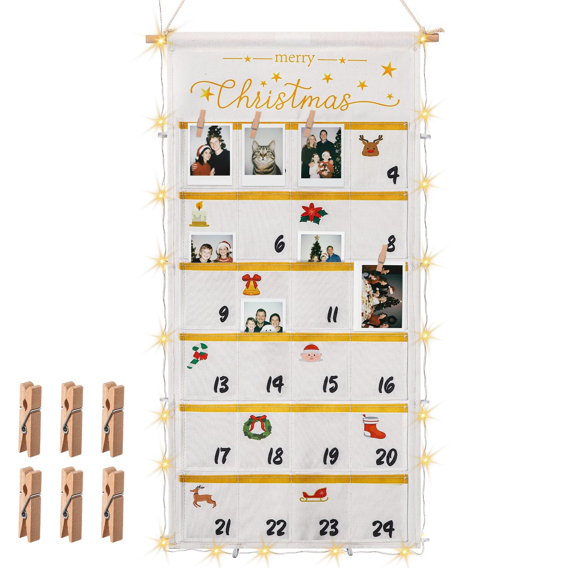 ElectricWise Christmas Picture Countdown Board, Photo Advent Calendar with Wood Clips, Photo Display Collage Board with Pockets, Reusable Festival Memory Countdown (32.3 In) - Medaid International
