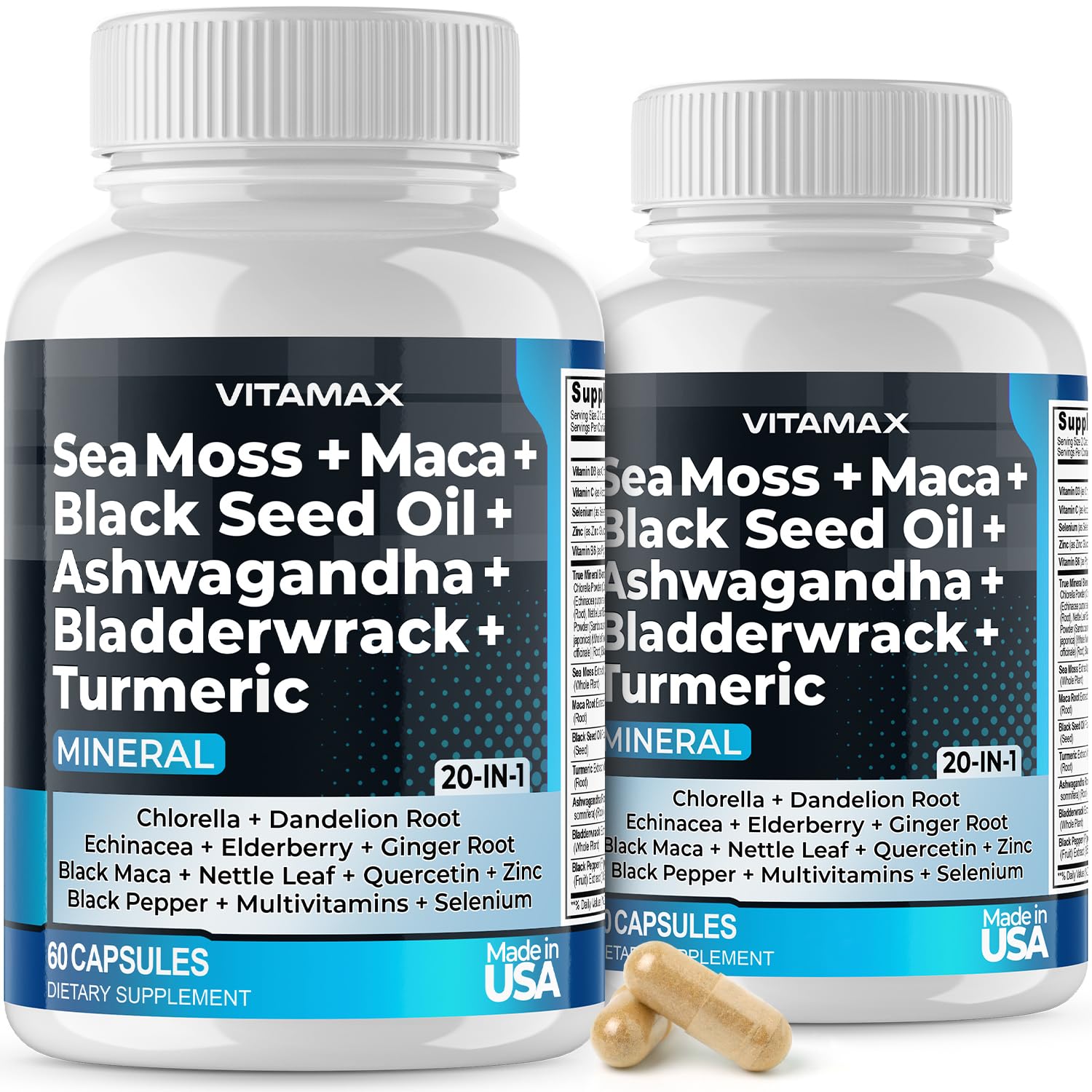 Sea Moss, Maca, Black Seed Oil, Ashwagandha, Bladderwrack, Turmeric - Elderberry, Vitamins C & D3, Dandelion & Black Pepper - Made in USA- 120ct - Medaid International