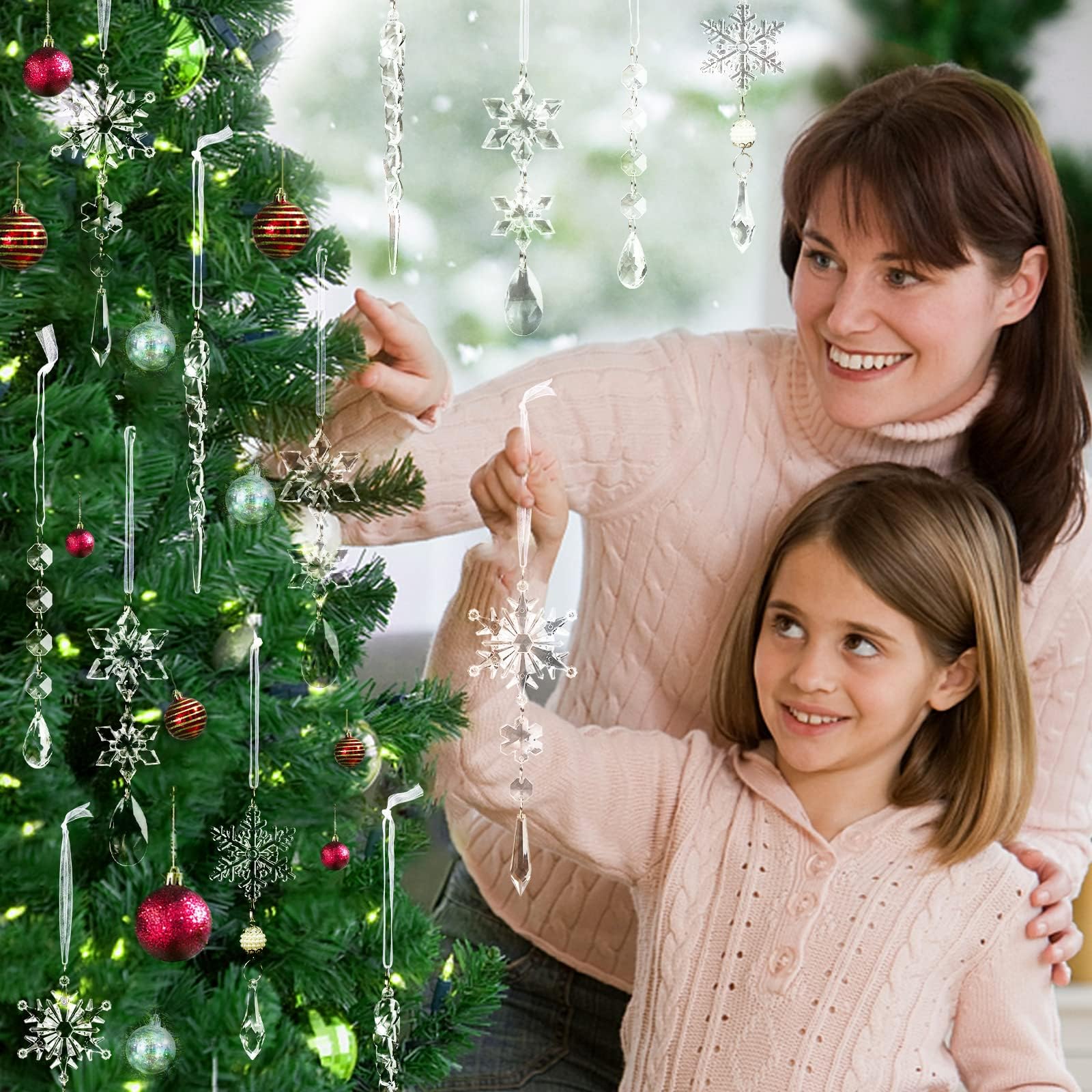 18pcs Christmas Tree Decoration Crystal Ornaments - Hanging Acrylic Christmas Snowflake Icicle Drop Crystal Ornaments for Xmas Tree Winter New Year Party Supplies - Medaid International