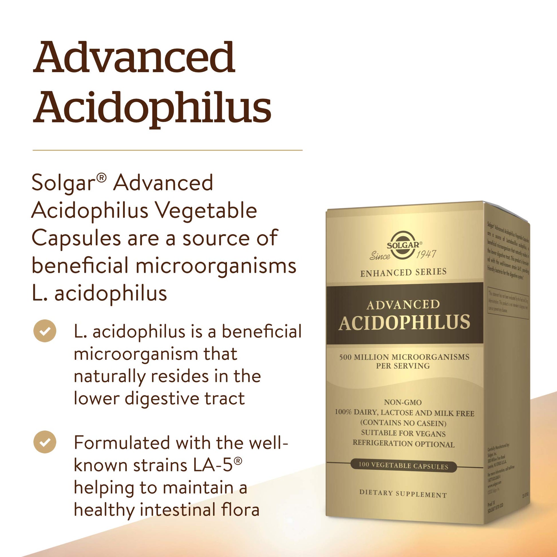 Solgar Advanced Acidophilus, 100 Vegetable Capsules - Supports Healthy Intestinal Flora - 500 Million Microorganisms Per Serving - Gluten & Dairy Free - Vegetarian - 100 Servings - Medaid International
