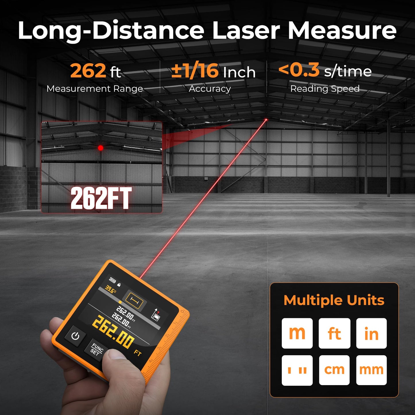 Laser Measuring Tool, 262ft Laser Measure with Digital Angle Finder & Level, Rechargeable Laser Measurement Tool with 2.4'' Color Backlit Display, 6 Units Ft/in/M, Length/Area/Volume/Pythagorean Mode - Medaid International