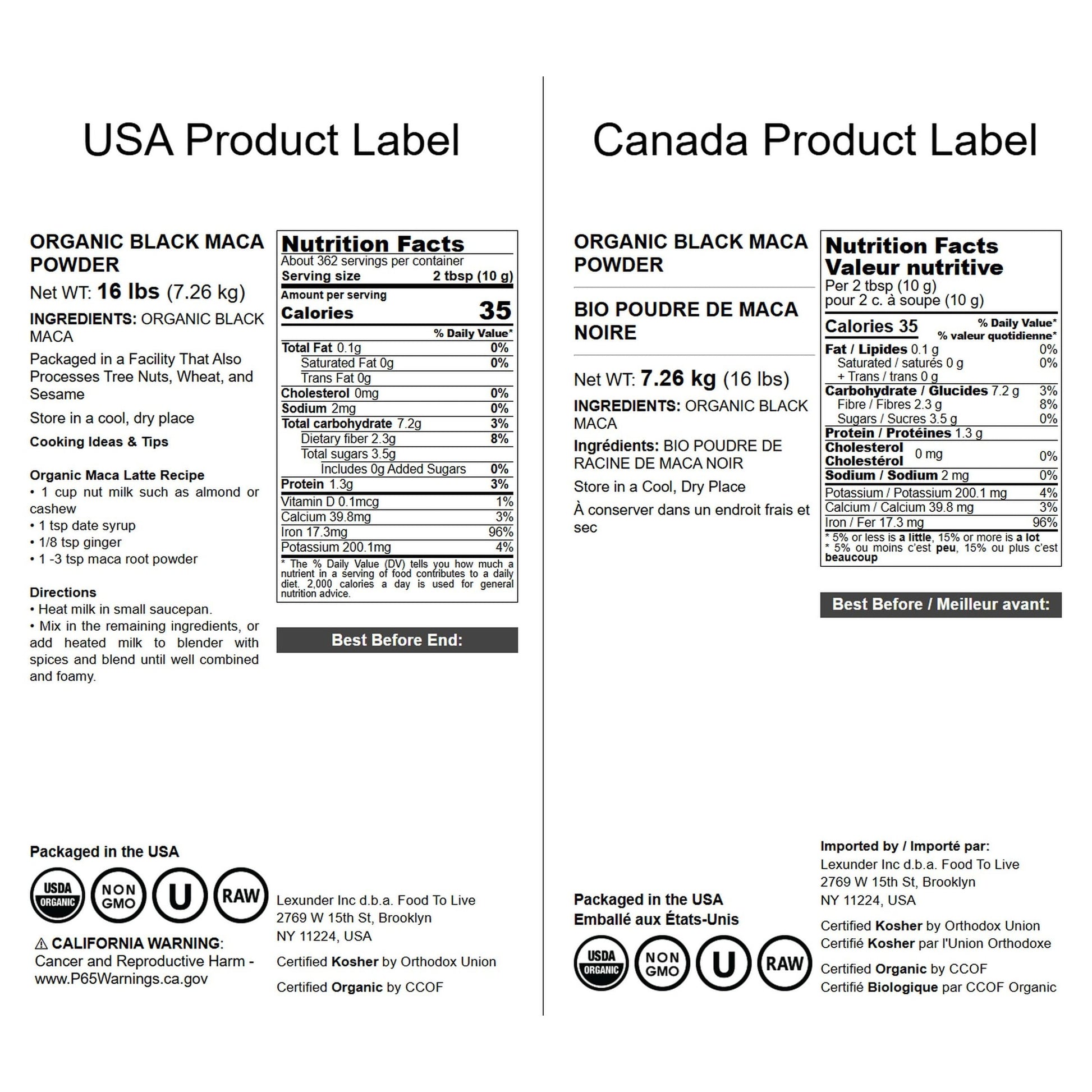 Food to Live Organic Black Maca Powder, 16 Pounds – Raw Ground Maca Root, Non-GMO, Kosher, Fine Flour, Bulk - Medaid International