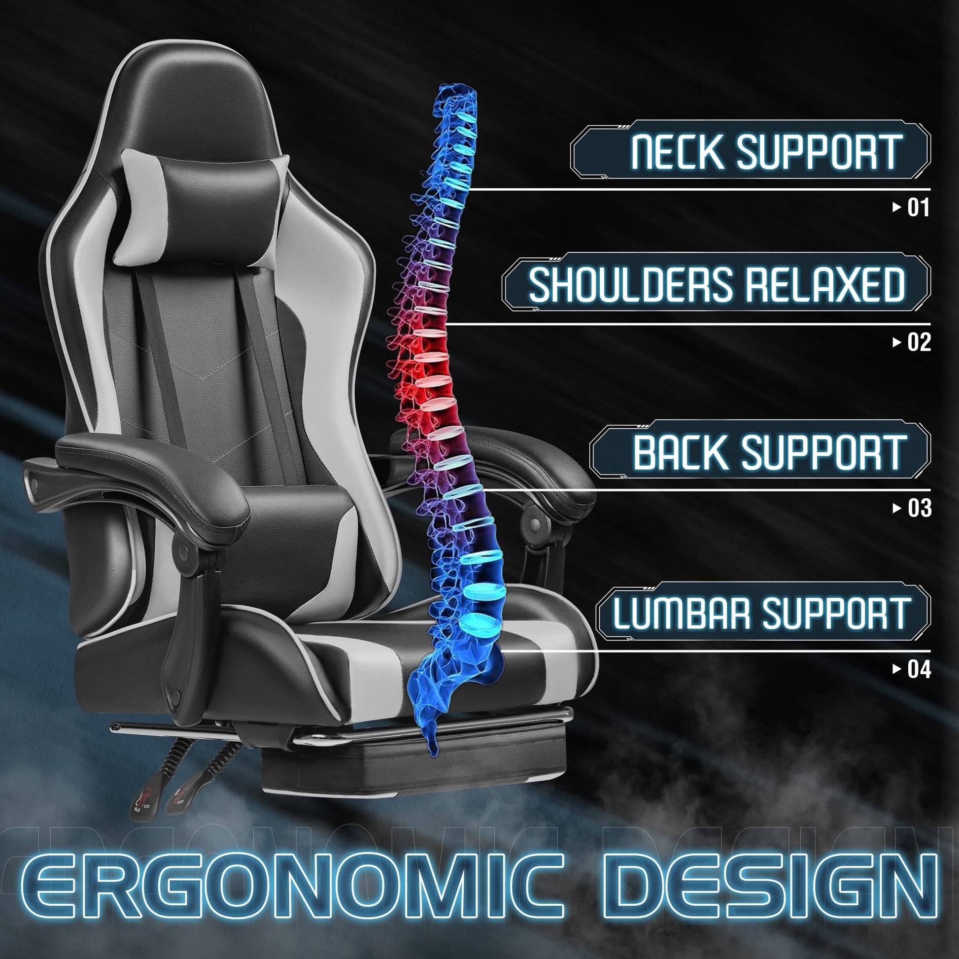 Homall Gaming Chair, Video Game Chair with Footrest and Massage Lumbar Support, Ergonomic Computer Chair Height Adjustable with Swivel Seat and Headrest (White) - Medaid International