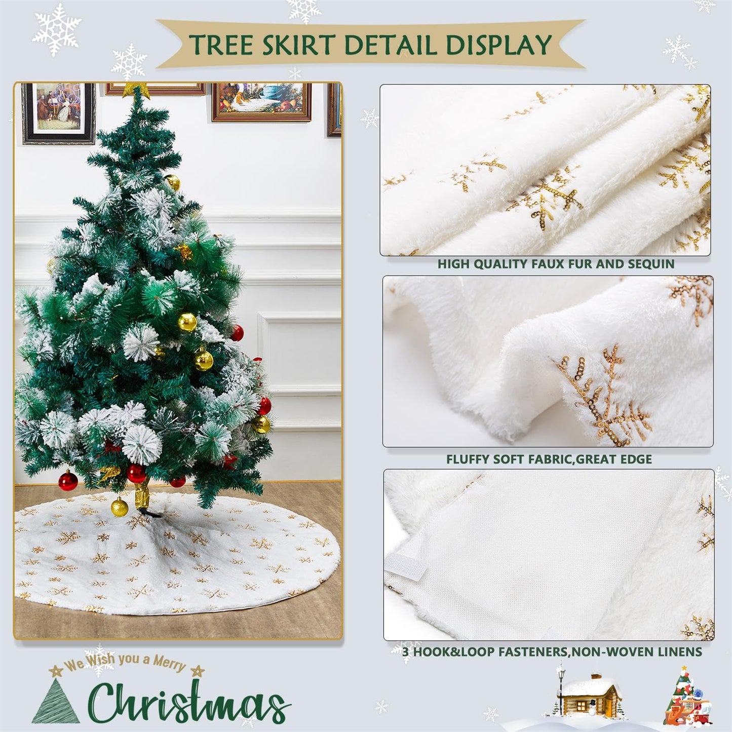 White Christmas Tree Skirt Small 24inch Faux Fur Tree Skirt Sequin Tree Carpet Mini Gold Glitter Tree Skirting Double Layers for Party Xmas Holiday Party Decorations Round Tree Skirt - Medaid International