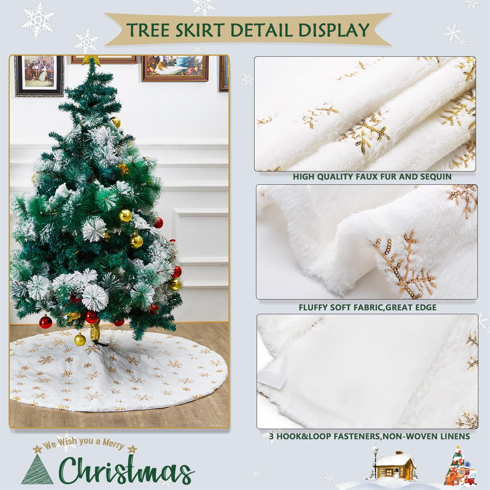 White Christmas Tree Skirt Small 24inch Faux Fur Tree Skirt Sequin Tree Carpet Mini Gold Glitter Tree Skirting Double Layers for Party Xmas Holiday Party Decorations Round Tree Skirt - Medaid International