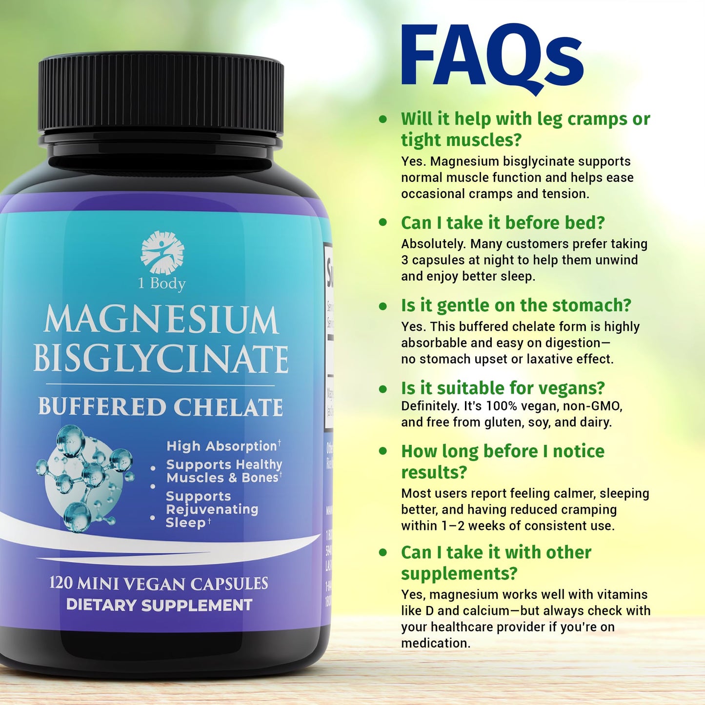 1 Body Magnesium Bisglycinate Supplement, 44 mg Pure Chelated Formula, 120 Capsules, Maximum Absorption, Muscle Cramp Relief - Medaid International