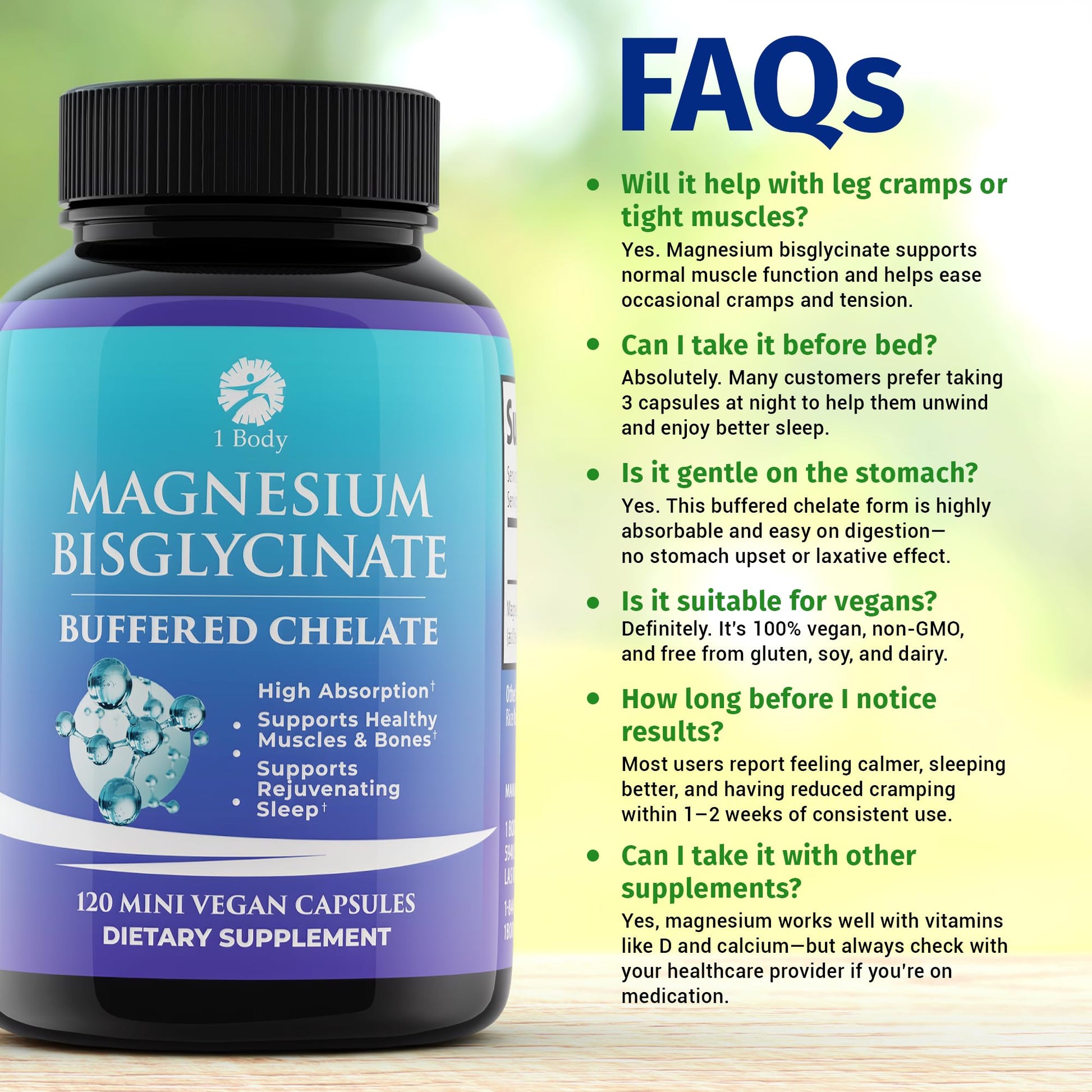 1 Body Magnesium Bisglycinate Supplement, 44 mg Pure Chelated Formula, 120 Capsules, Maximum Absorption, Muscle Cramp Relief - Medaid International