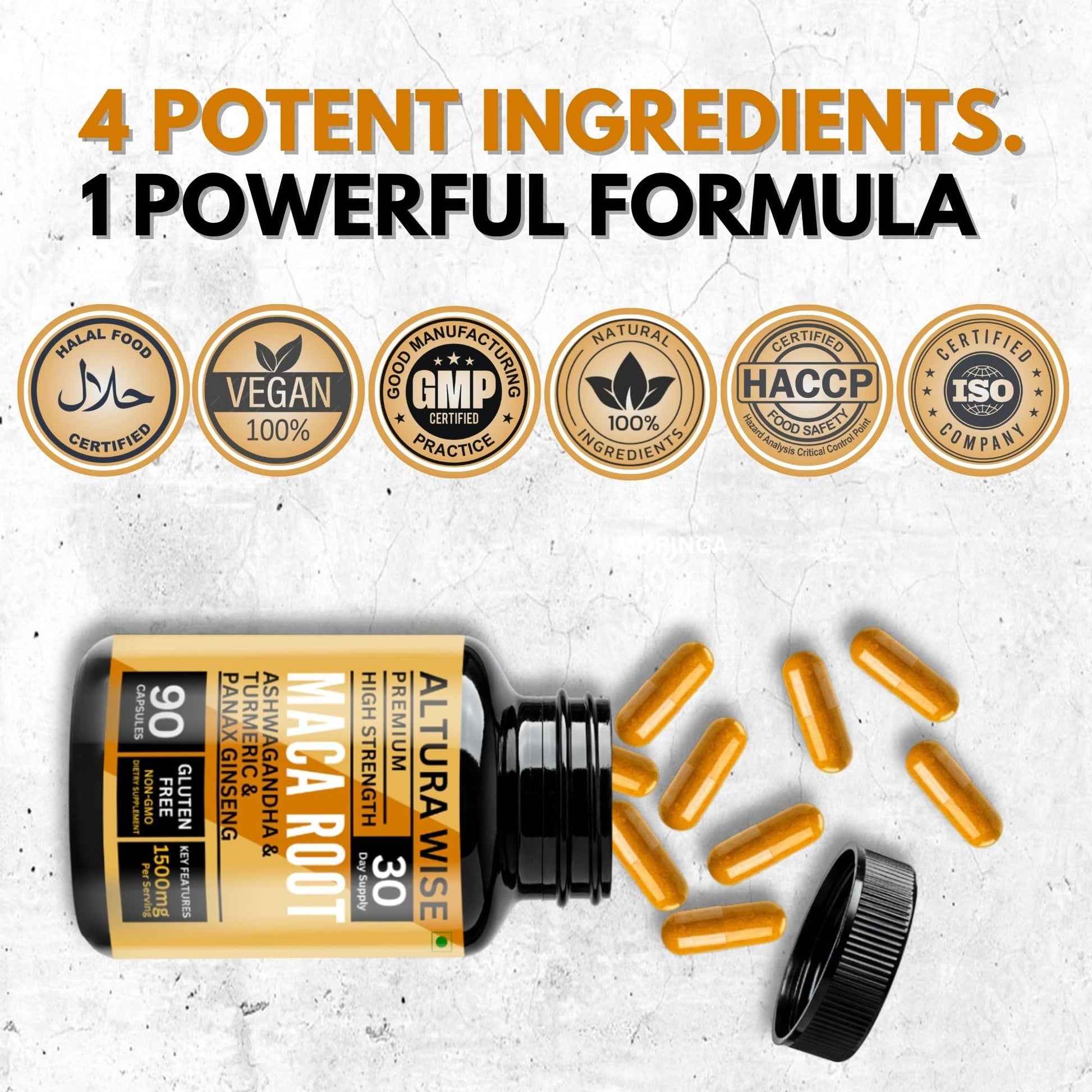 AlturaWise 5 in 1 Pure Maca Root Capsules for Men and Women | Maca Root Powder Capsules with Black + Red + Yellow Maca Root with ashwagandha, panax Ginseng Extract Supplement - 90 Vegan Pills - Medaid International
