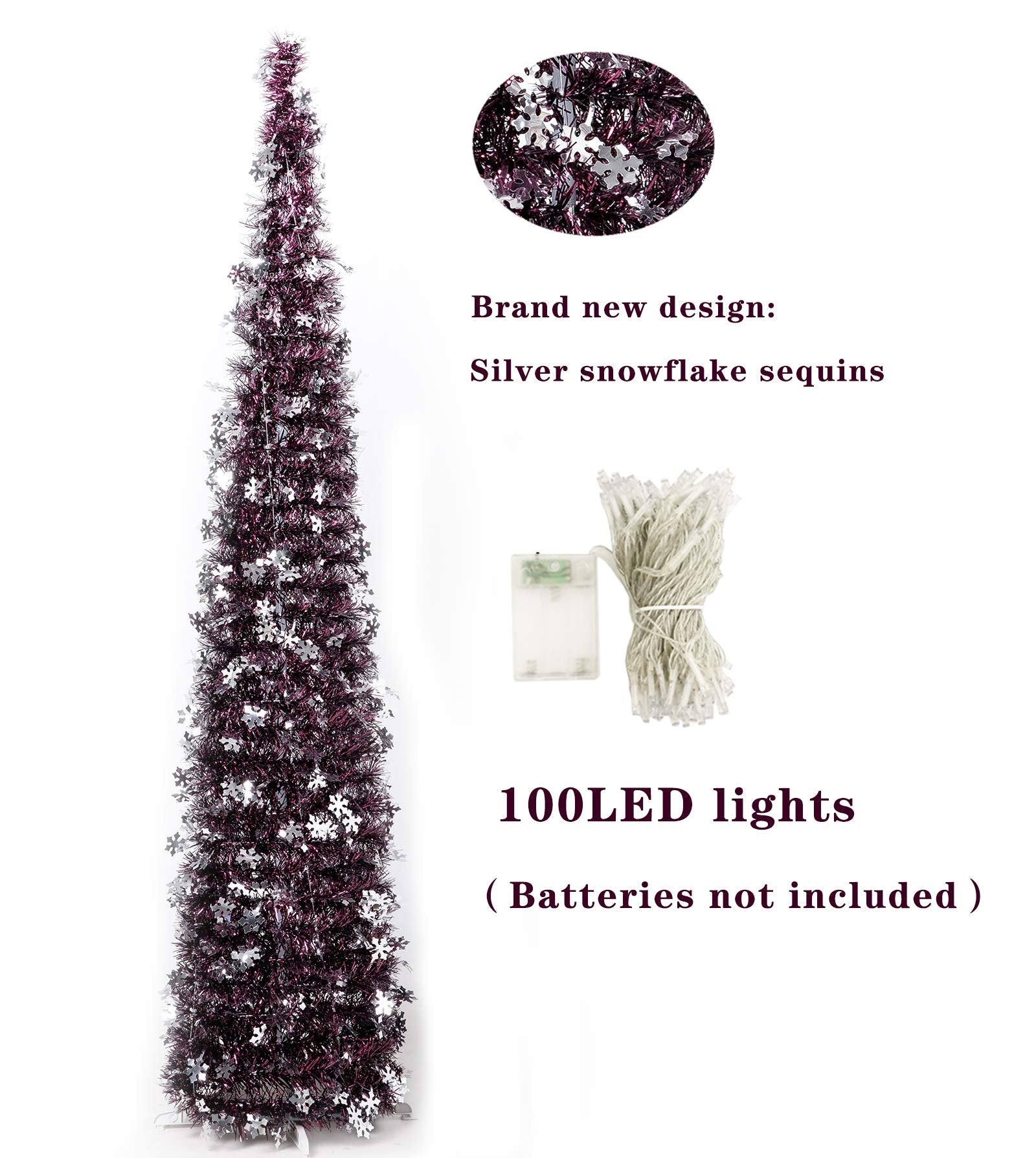 Pop-Up Artificial Christmas Tree with 100LED Lights,Collapsible Pencil Christmas Trees for Holiday Carnival Party Christmas Decorations (Red Wine) - Medaid International