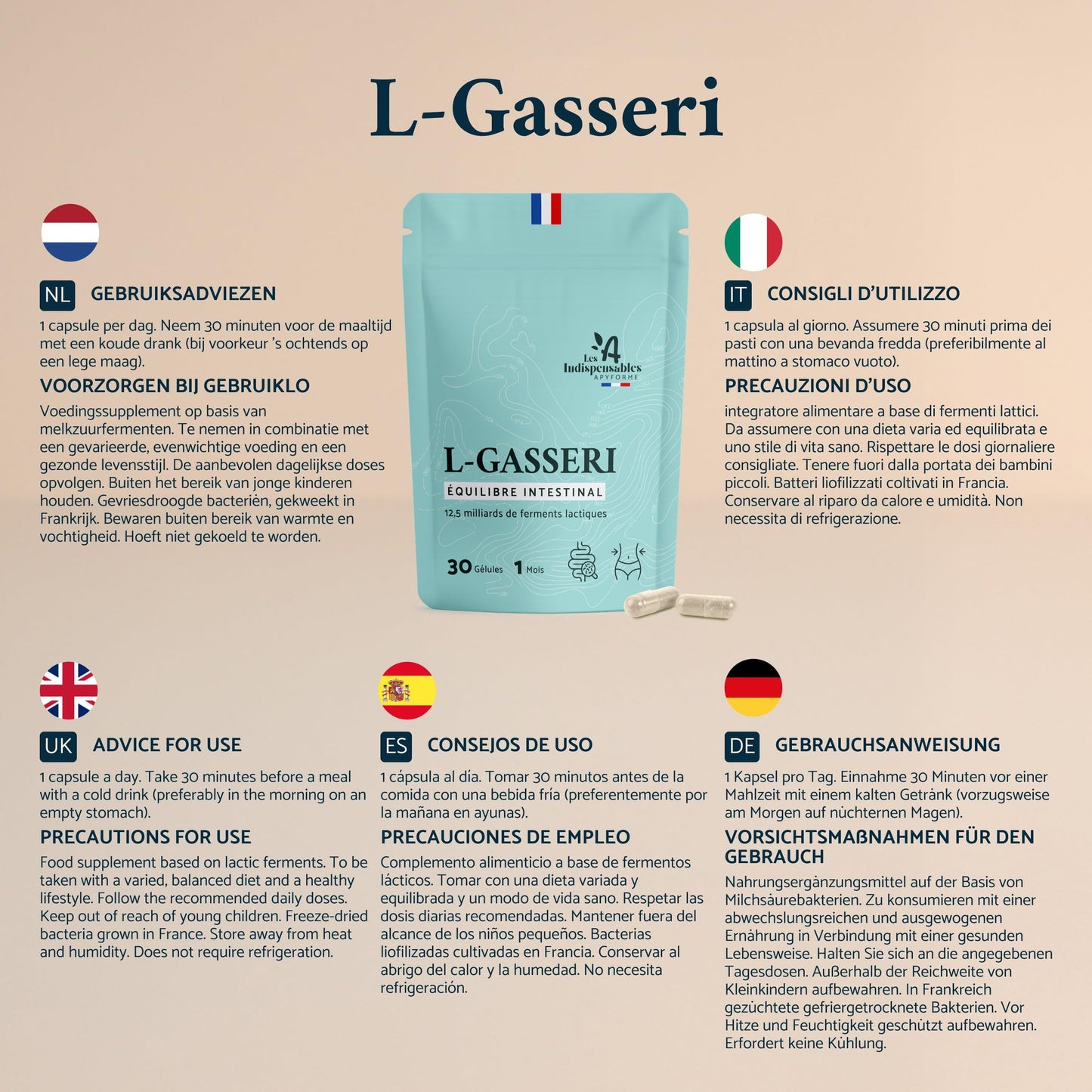 Lactobacillus Gasseri Probiotique Ventre Plat - Flore Intestinale Digestion - 30 Gélules Gastro-Résistantes - Fabriqué en France par Apyforme - Medaid International