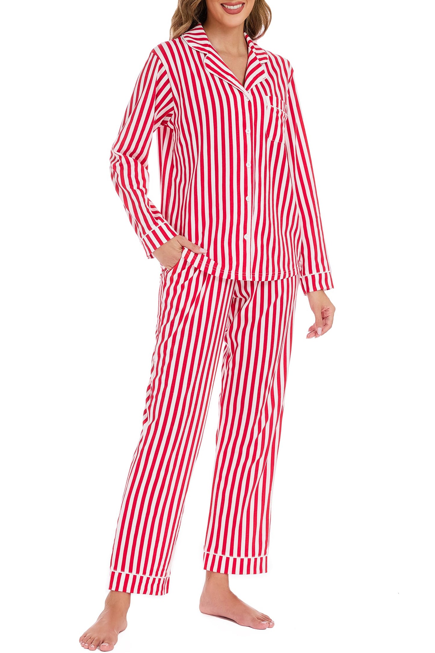 LUBOT Christmas Pajamas for Women 100% Cotton Pajama Set 2 Piece Soft Button Down Xmas Printed PJ Set Long Sleeve Sleepwear Loungewear (Red Stripe, L) - Medaid International