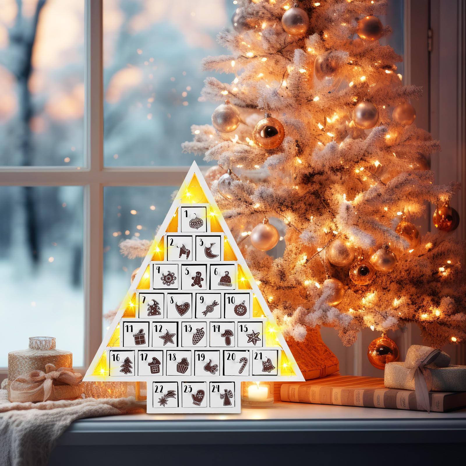 Cinnvoice LED Wooden Christmas Advent Calendar with 24 Drawers, Tree Shaped Countdown to Christmas Refillable Wooden Advent Calendar with LED Lights, Reusable Xmas Gift for Family Adults Friend, White - Medaid International