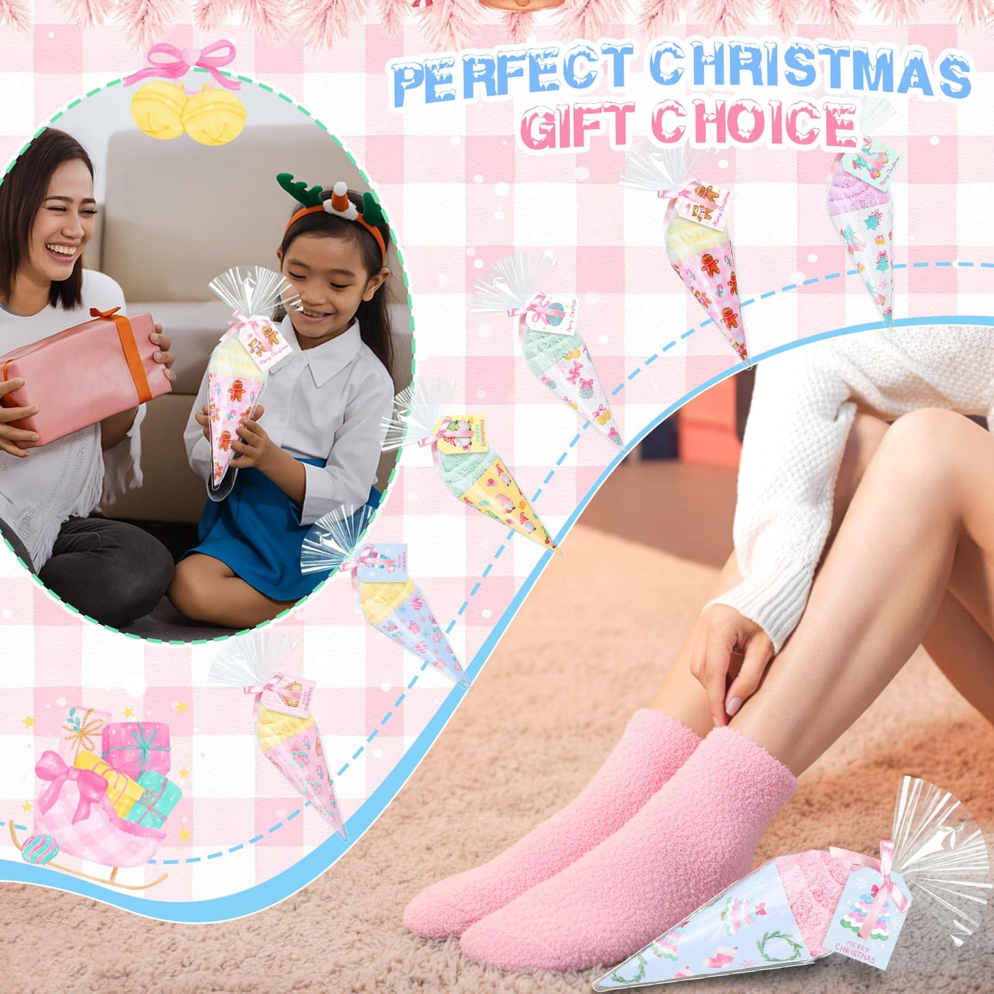 JenPen 12 Sets Funny Christmas Socks Gift for Women Novelty Cozy Ice Cream Warm Pink Christmas Fuzzy Socks with Card Ribbon Wrapping Bags Boho Xmas Holiday Stocking Stuffers Gift for Winter Holiday - Medaid International